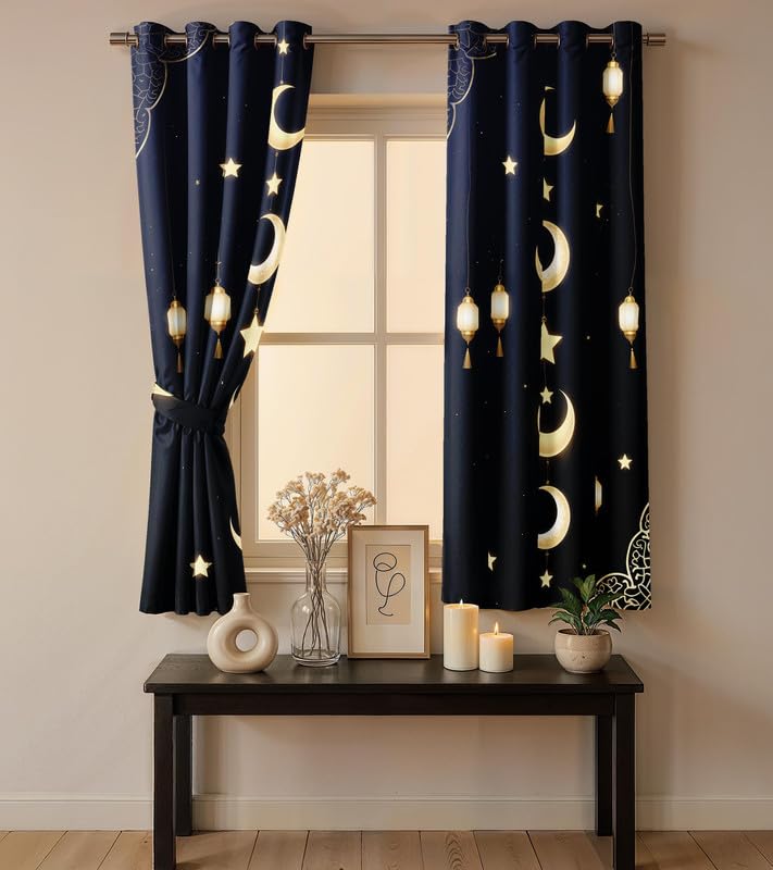 Ultimate Trends Festival Themed Light Filtering Polyester Curtain Diya, Lantern, Lotus & Fireworks Print | Ideal for Diwali, Pooja Room, Living Room Dcor | Eyelets| Pack of 2