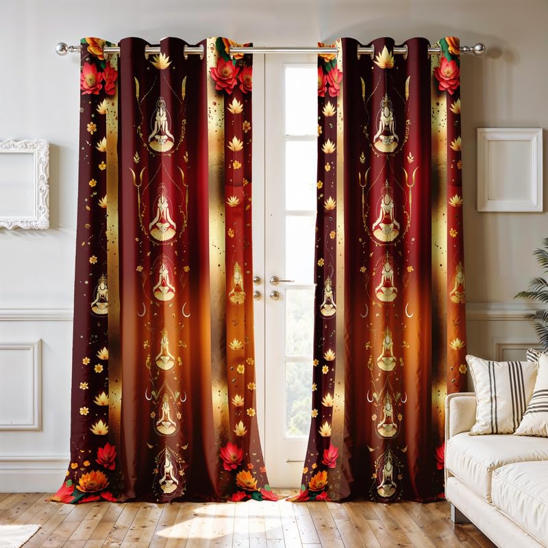 Ultimate Trends Festival Themed Light Filtering Polyester Curtain Diya, Lantern, Lotus & Fireworks Print | Ideal for Diwali, Pooja Room, Living Room Dcor | Eyelets| Pack of 2