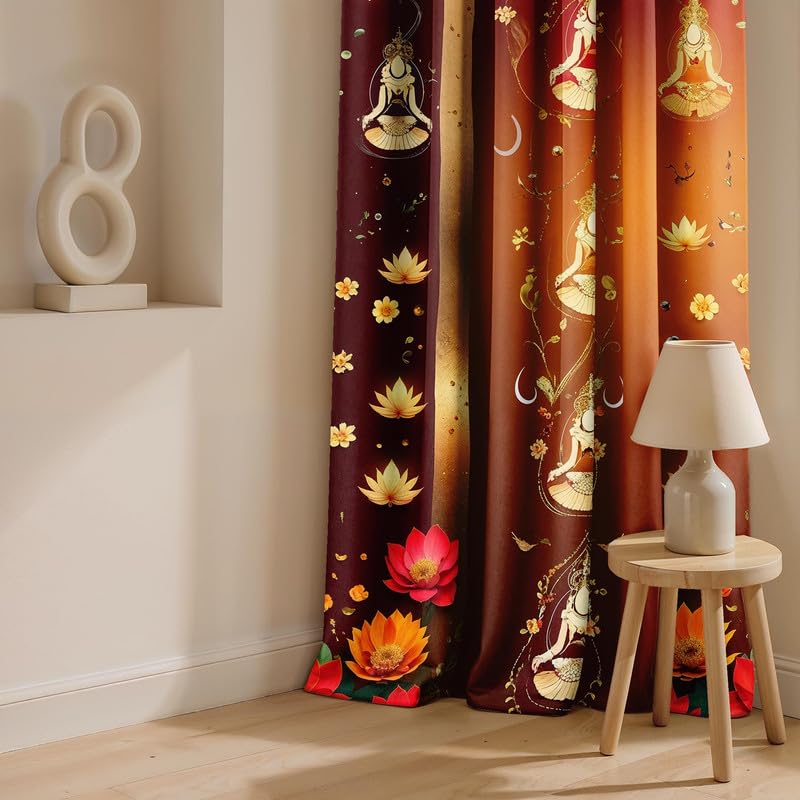 Ultimate Trends Festival Themed Light Filtering Polyester Curtain Diya, Lantern, Lotus & Fireworks Print | Ideal for Diwali, Pooja Room, Living Room Dcor | Eyelets| Pack of 2