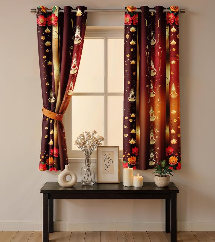 Ultimate Trends Festival Themed Light Filtering Polyester Curtain Diya, Lantern, Lotus & Fireworks Print | Ideal for Diwali, Pooja Room, Living Room Dcor | Eyelets| Pack of 2