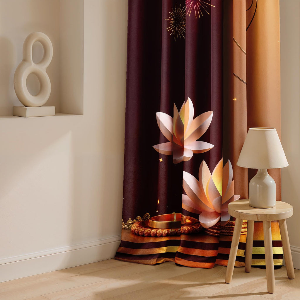 Ultimate Trends Festival Themed Light Filtering Polyester Curtain Diya, Lantern, Lotus & Fireworks Print | Ideal for Diwali, Pooja Room, Living Room Dcor | Eyelets| Pack of 2