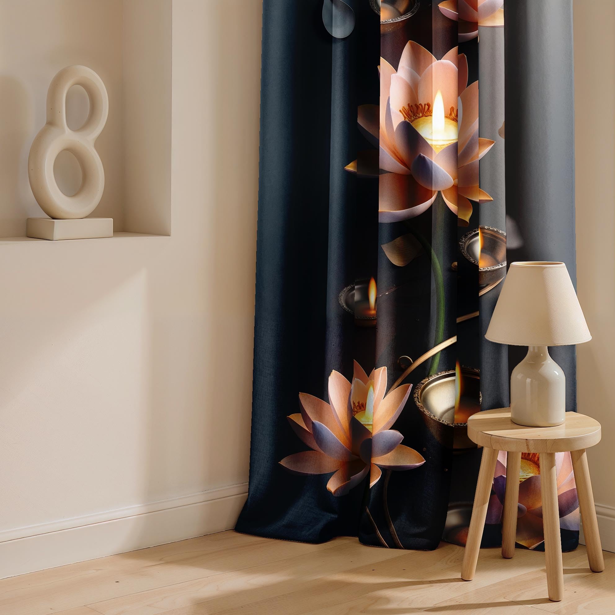 Ultimate Trends Festival Themed Light Filtering Polyester Curtain Diya, Lantern, Lotus & Fireworks Print | Ideal for Diwali, Pooja Room, Living Room Dcor | Eyelets| Pack of 2