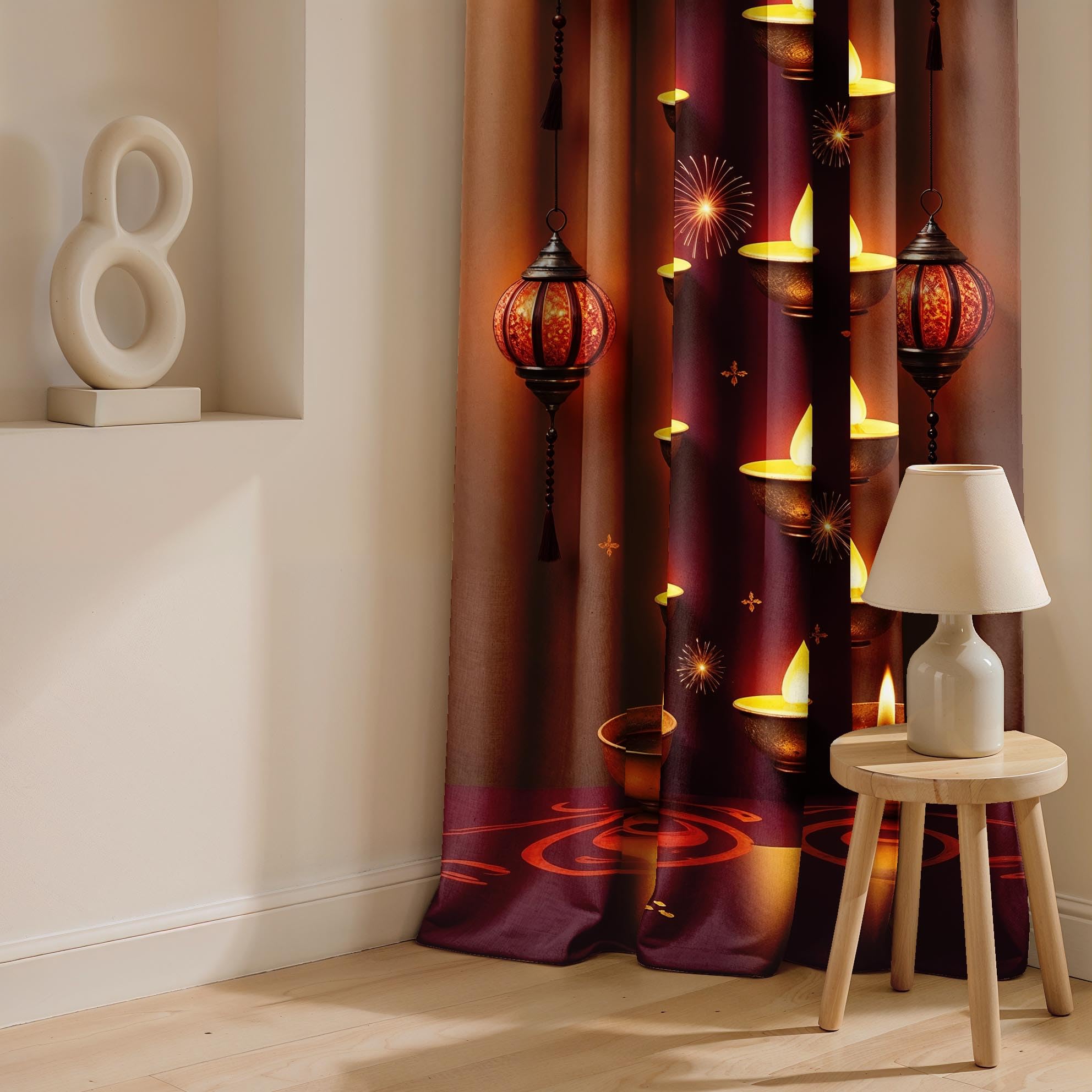 Ultimate Trends Festival Themed Light Filtering Polyester Curtain Diya, Lantern, Lotus & Fireworks Print | Ideal for Diwali, Pooja Room, Living Room Dcor | Eyelets| Pack of 2