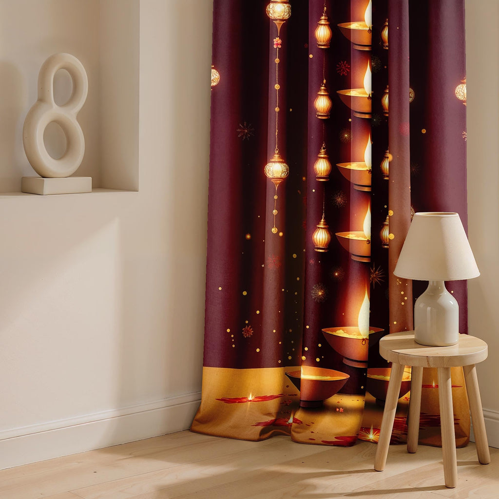 Ultimate Trends Festival Themed Light Filtering Polyester Curtain Diya, Lantern, Lotus & Fireworks Print | Ideal for Diwali, Pooja Room, Living Room Dcor | Eyelets| Pack of 2