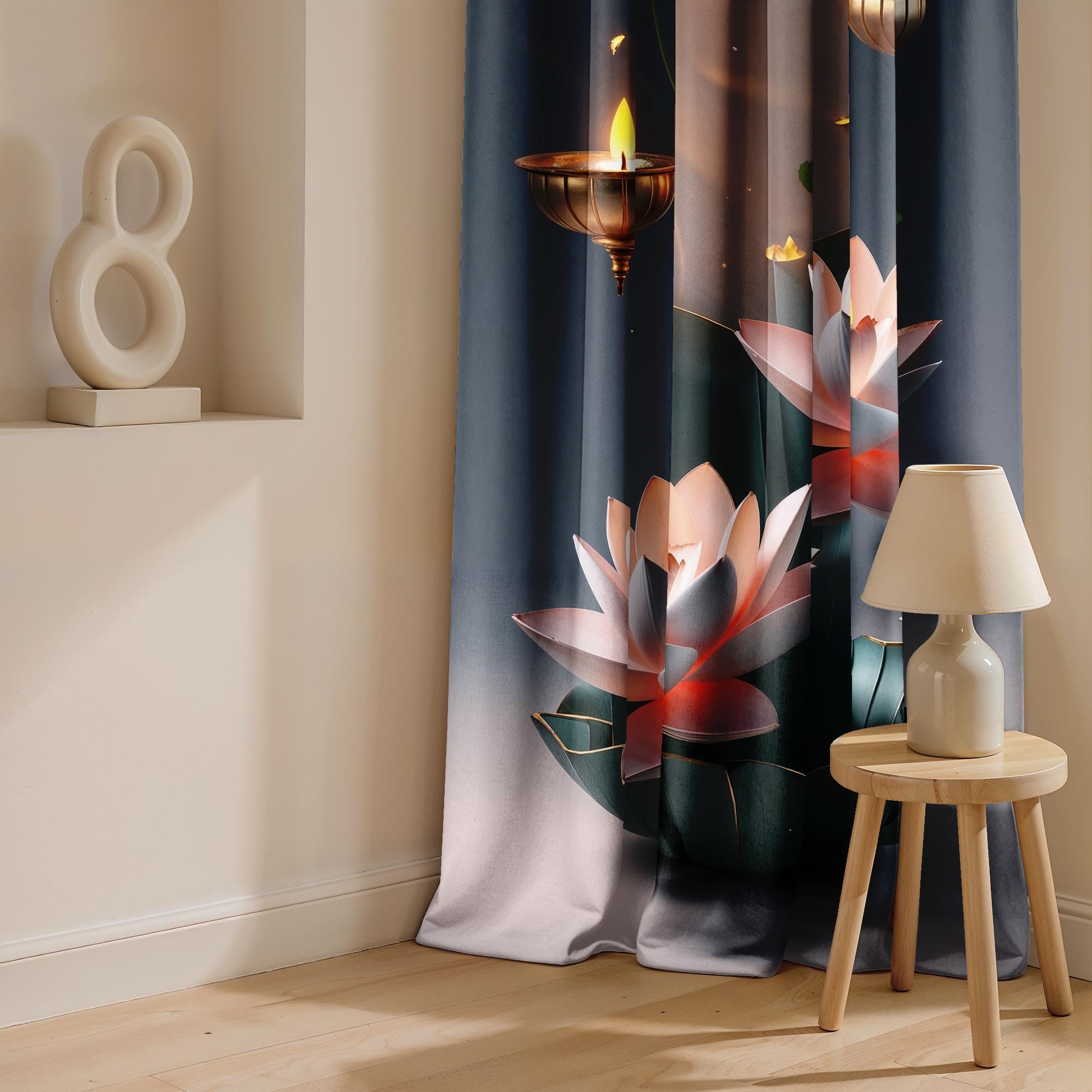 Ultimate Trends Festival Themed Light Filtering Polyester Curtain Diya, Lantern, Lotus & Fireworks Print | Ideal for Diwali, Pooja Room, Living Room Dcor | Eyelets| Pack of 2