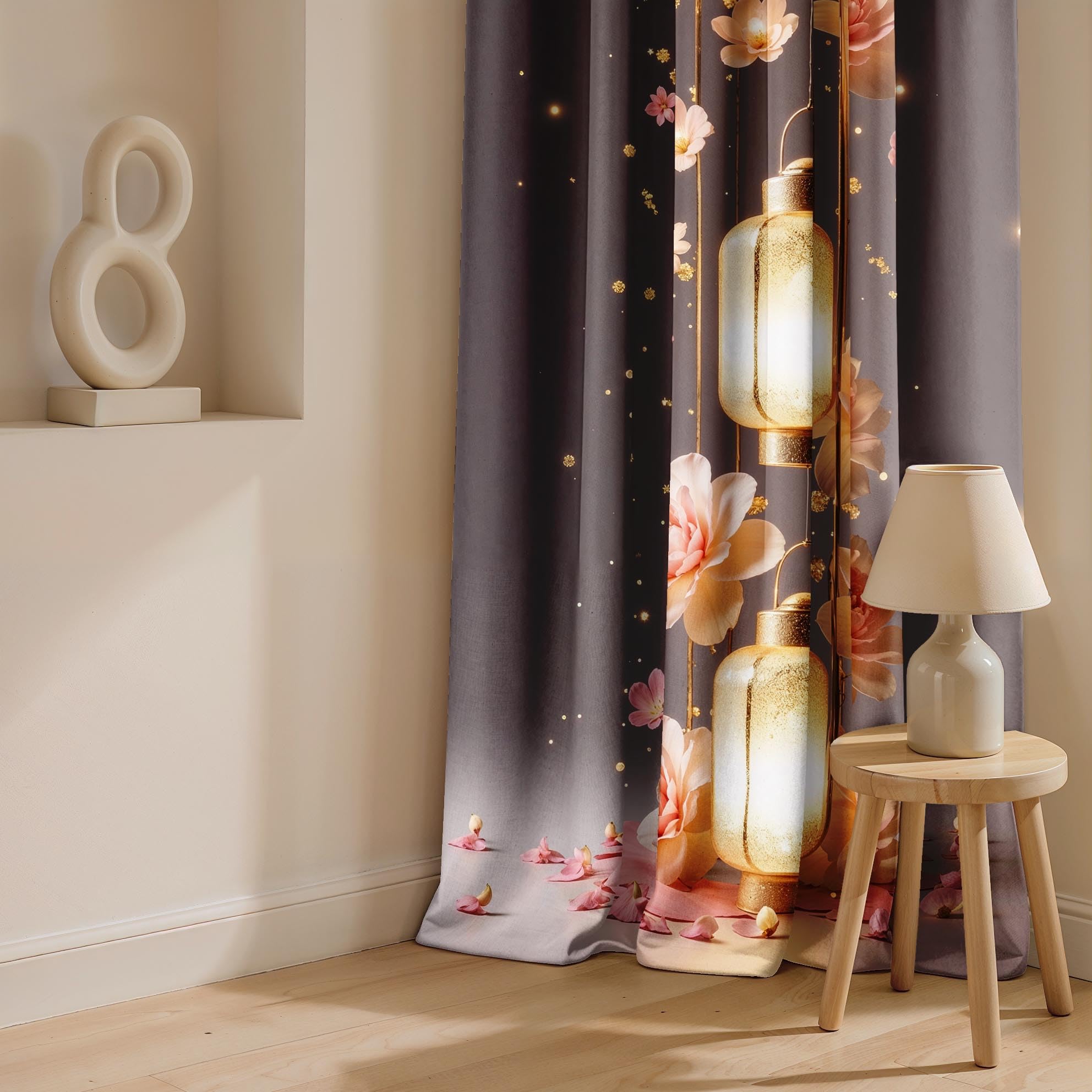 Ultimate Trends Festival Themed Light Filtering Polyester Curtain Diya, Lantern, Lotus & Fireworks Print | Ideal for Diwali, Pooja Room, Living Room Dcor | Eyelets| Pack of 2