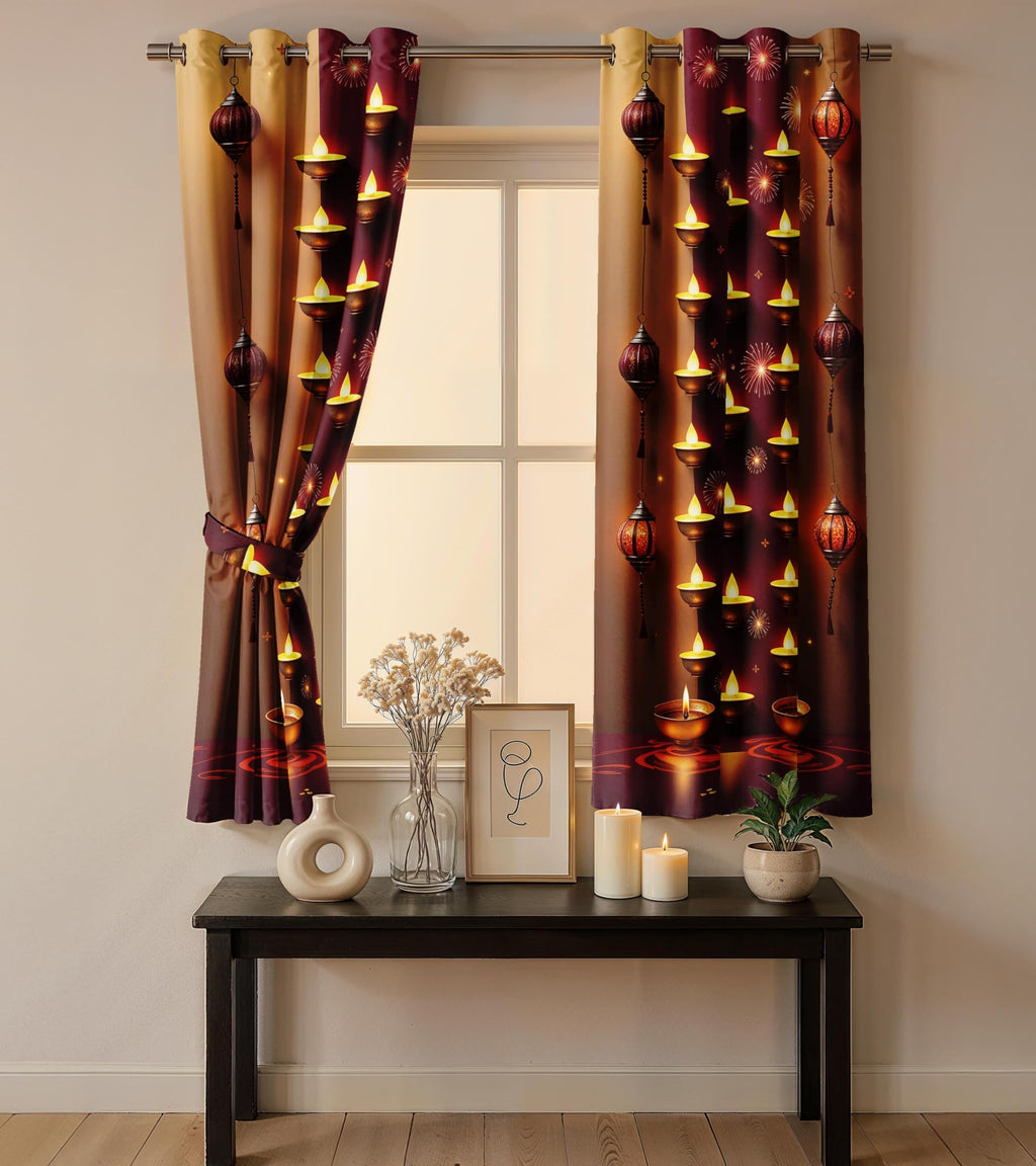 Ultimate Trends Festival Themed Light Filtering Polyester Curtain Diya, Lantern, Lotus & Fireworks Print | Ideal for Diwali, Pooja Room, Living Room Dcor | Eyelets| Pack of 2