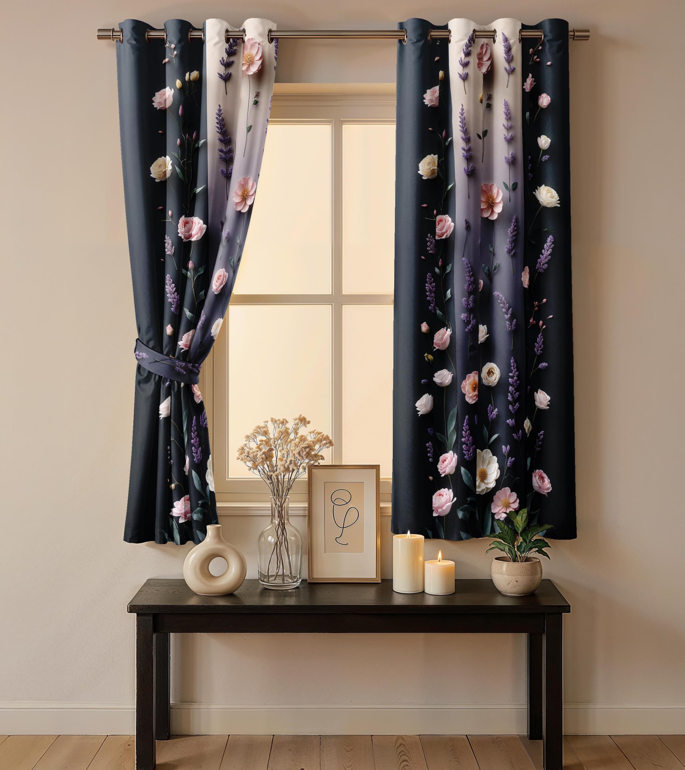 Ultimate Trends Room Darkening Digital Printed 3D Prints Curtain 65-70% Opacity ,Diamond Eyelets, Tie Back, Floral Decorated , Pack Of 2