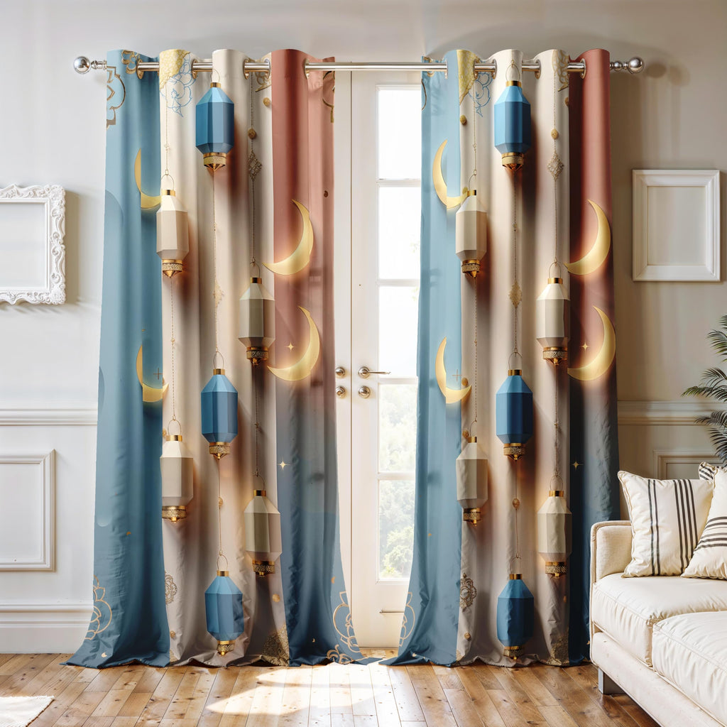 Ultimate Trends Festival Themed Light Filtering Polyester Curtain Diya, Lantern, Lotus & Fireworks Print | Ideal for Diwali, Pooja Room, Living Room Dcor | Eyelets| Pack of 2