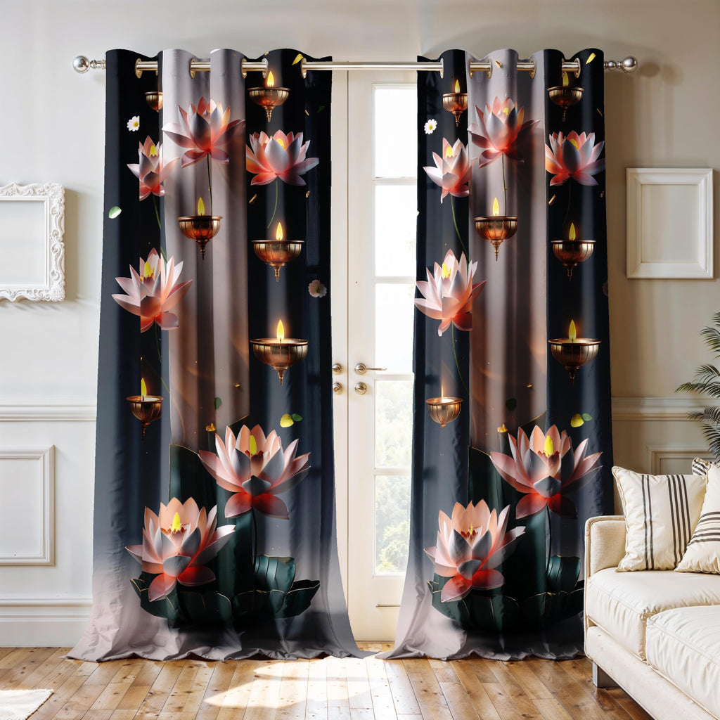 Ultimate Trends Festival Themed Light Filtering Polyester Curtain Diya, Lantern, Lotus & Fireworks Print | Ideal for Diwali, Pooja Room, Living Room Dcor | Eyelets| Pack of 2