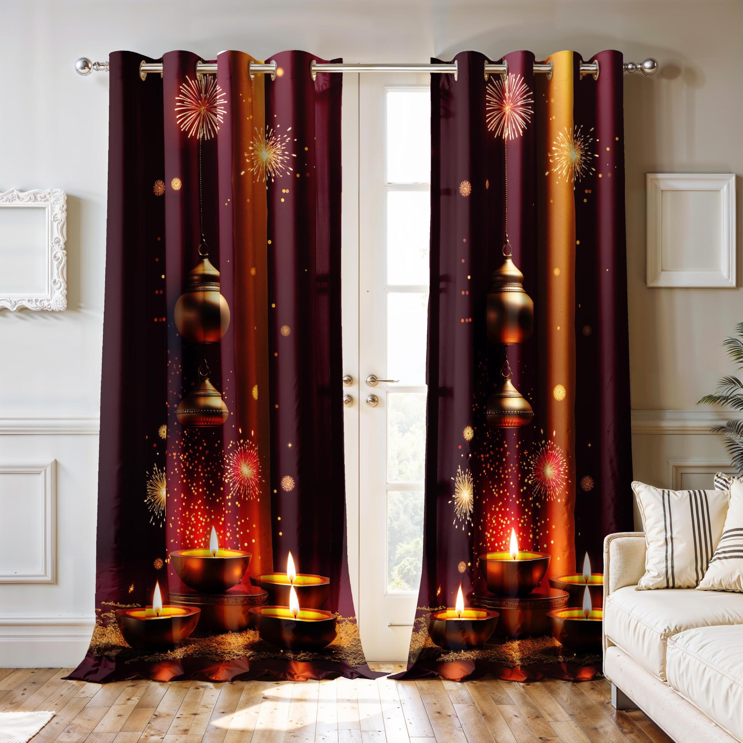 Ultimate Trends Festival Themed Light Filtering Polyester Curtain Diya, Lantern, Lotus & Fireworks Print | Ideal for Diwali, Pooja Room, Living Room Dcor | Eyelets| Pack of 2
