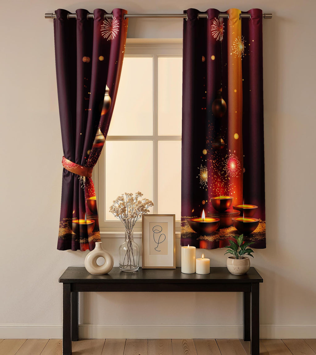 Ultimate Trends Festival Themed Light Filtering Polyester Curtain Diya, Lantern, Lotus & Fireworks Print | Ideal for Diwali, Pooja Room, Living Room Dcor | Eyelets| Pack of 2