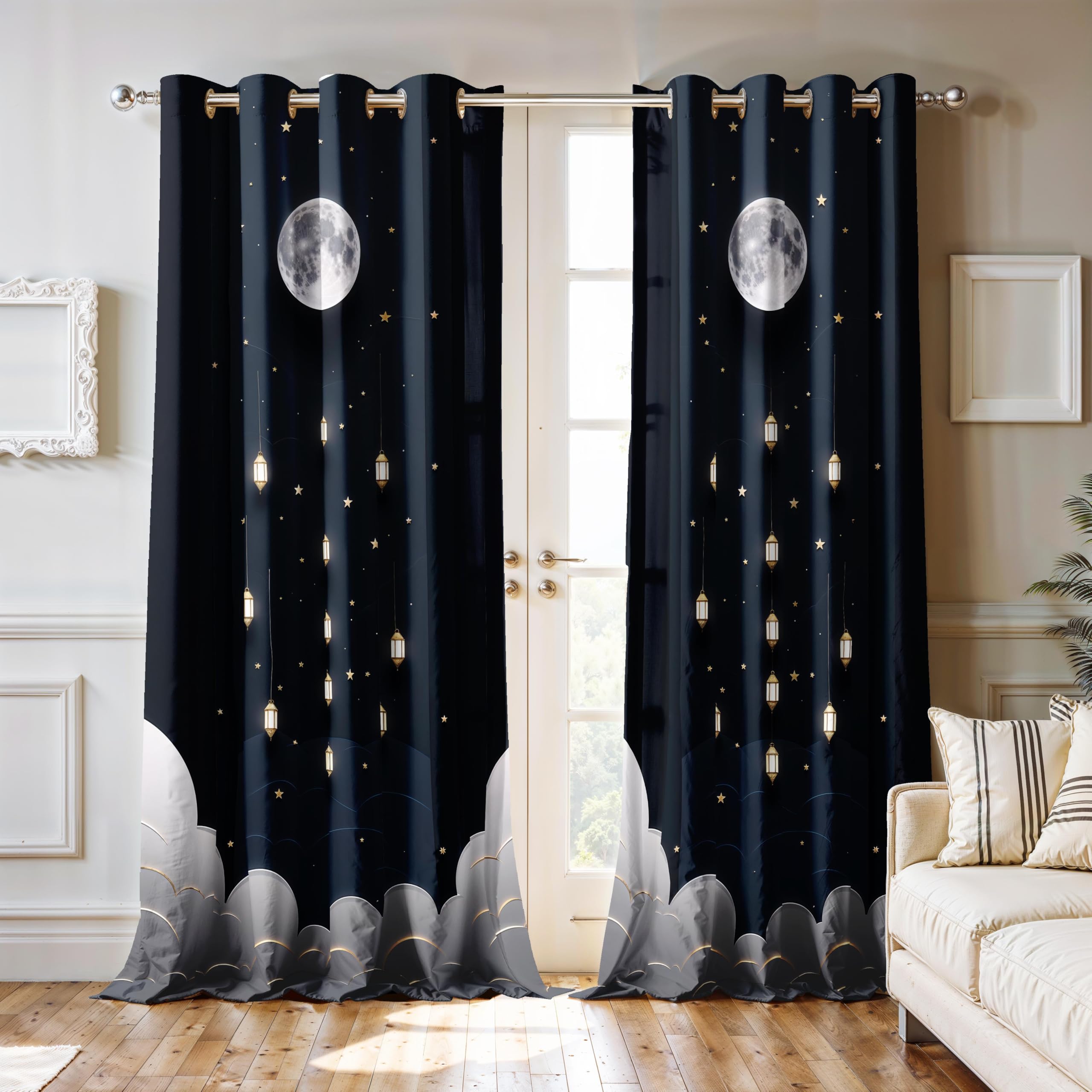 Ultimate Trends Festival Themed Light Filtering Polyester Curtain Diya, Lantern, Lotus & Fireworks Print | Ideal for Diwali, Pooja Room, Living Room Dcor | Eyelets| Pack of 2