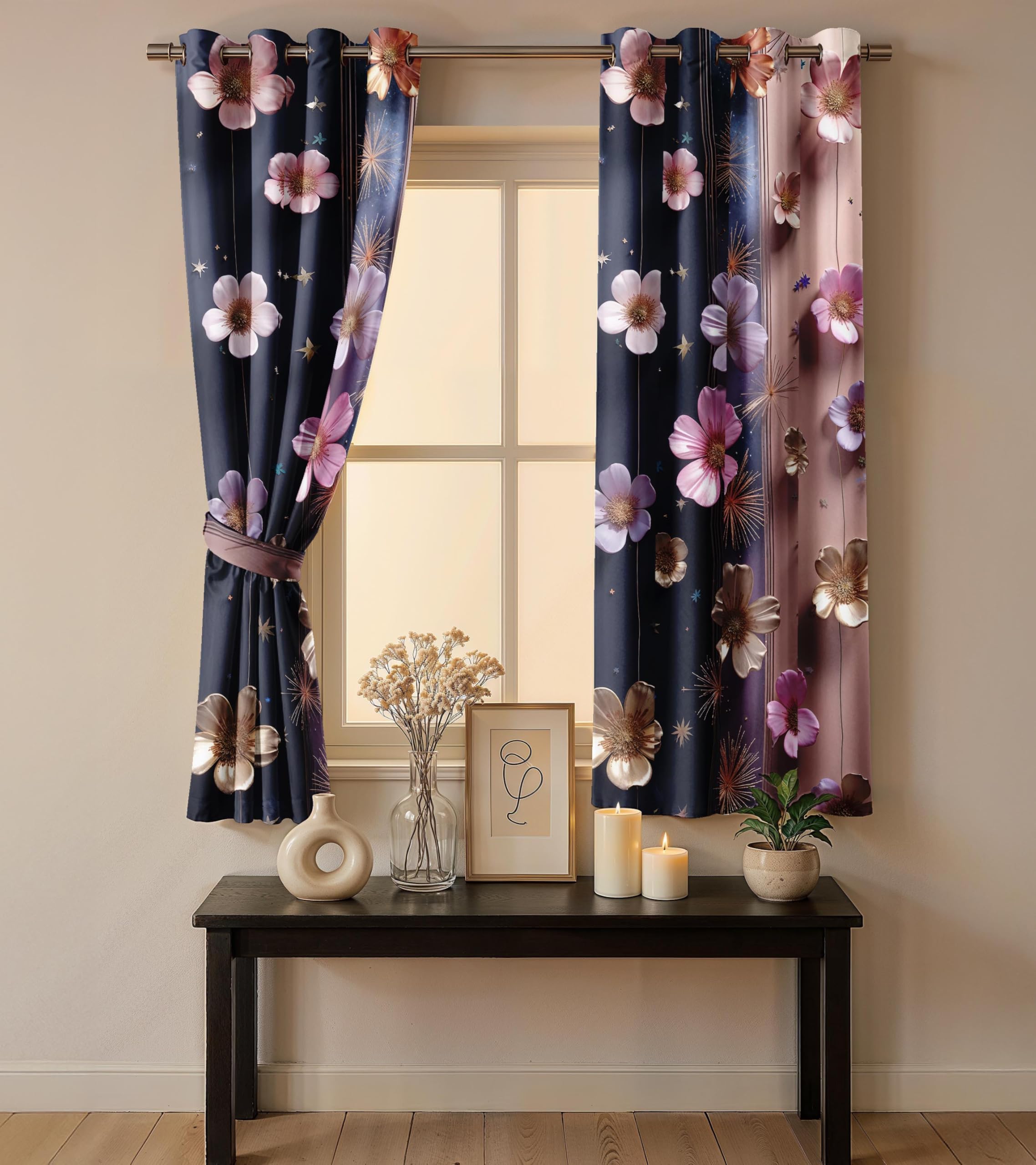 Ultimate Trends Room Darkening Digital Printed 3D Prints Curtain 65-70% Opacity ,Diamond Eyelets, Tie Back, Floral Decorated , Pack Of 2