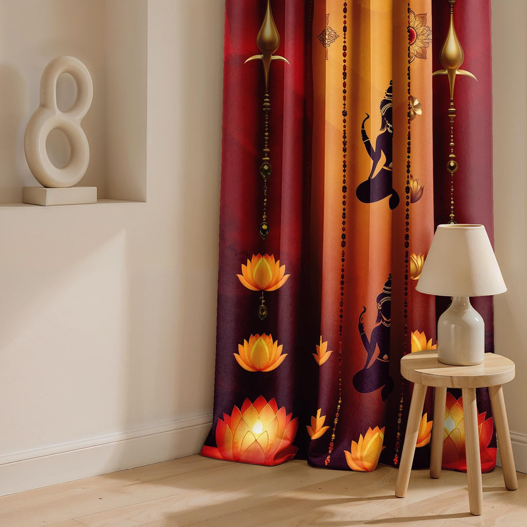 Ultimate Trends Festival Themed Light Filtering Polyester Curtain Diya, Lantern, Lotus & Fireworks Print | Ideal for Diwali, Pooja Room, Living Room Dcor | Eyelets| Pack of 2