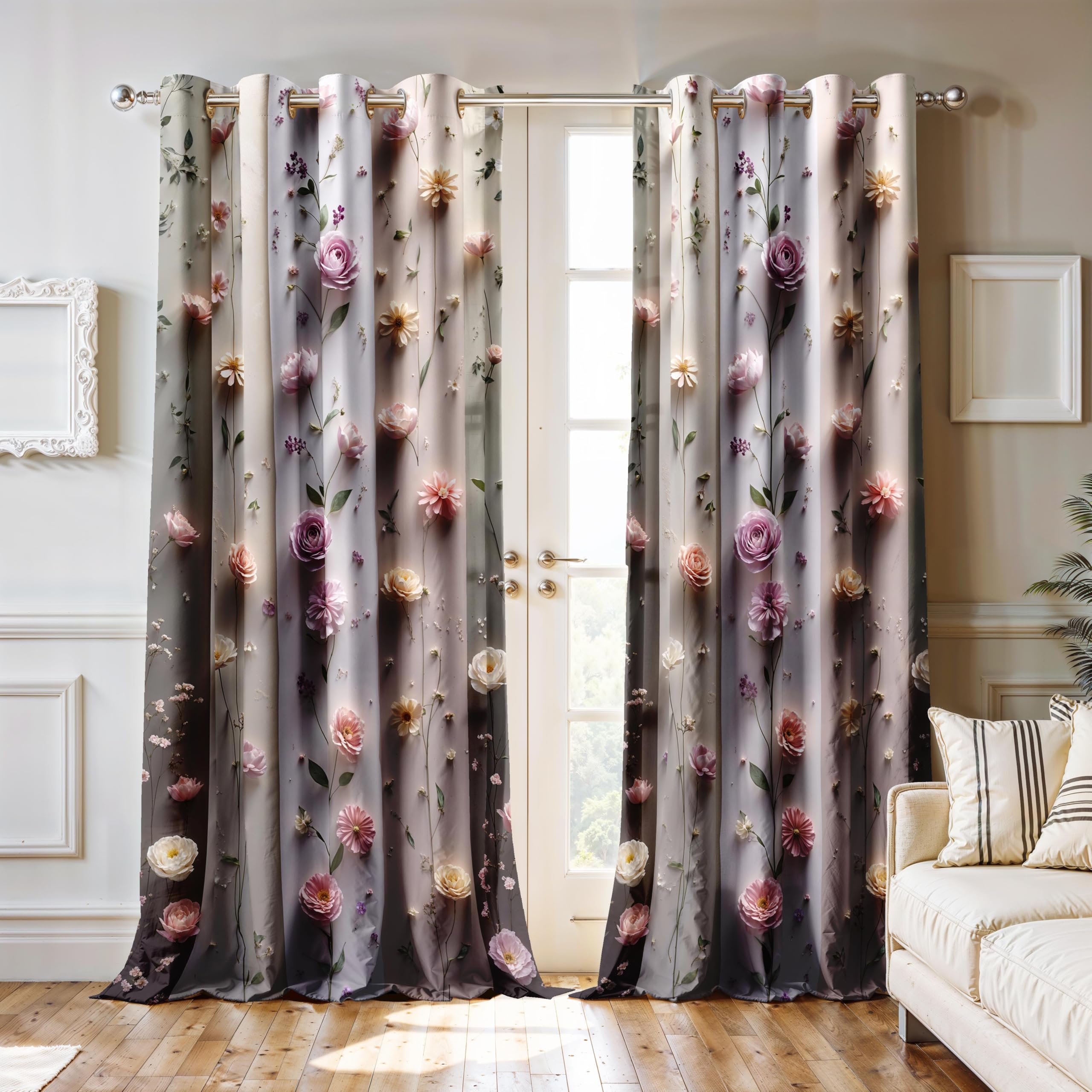 Ultimate Trends Room Darkening Digital Printed 3D Prints Curtain 65-70% Opacity ,Diamond Eyelets, Tie Back, Floral Decorated , Pack Of 2