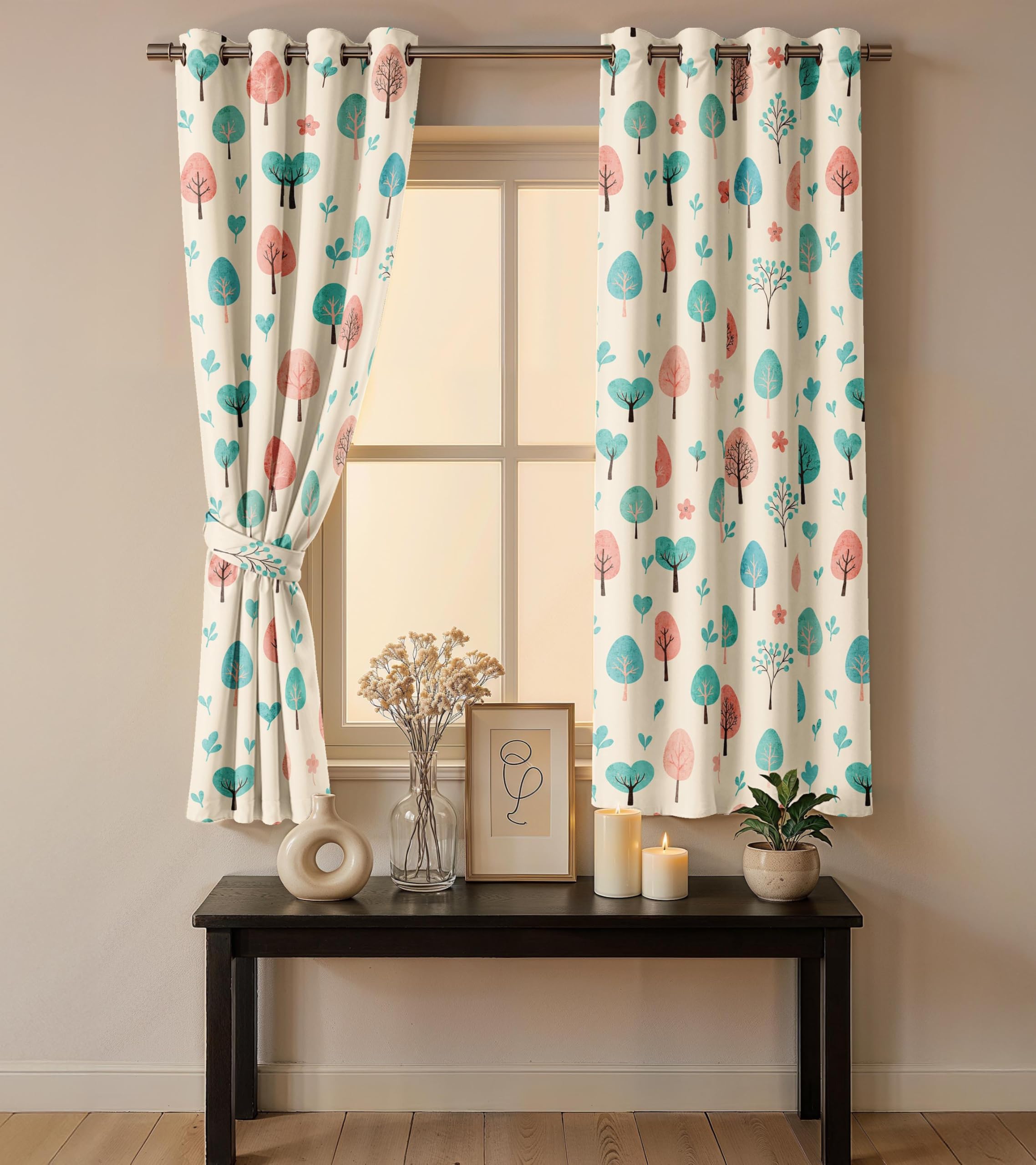 Ultimate Trends Room Darkening Digital Printed Floral Geomatrical Prints Curtain ,Diamond Eyelets, Tie Back, Floral Geomatrical,Pack Of 2