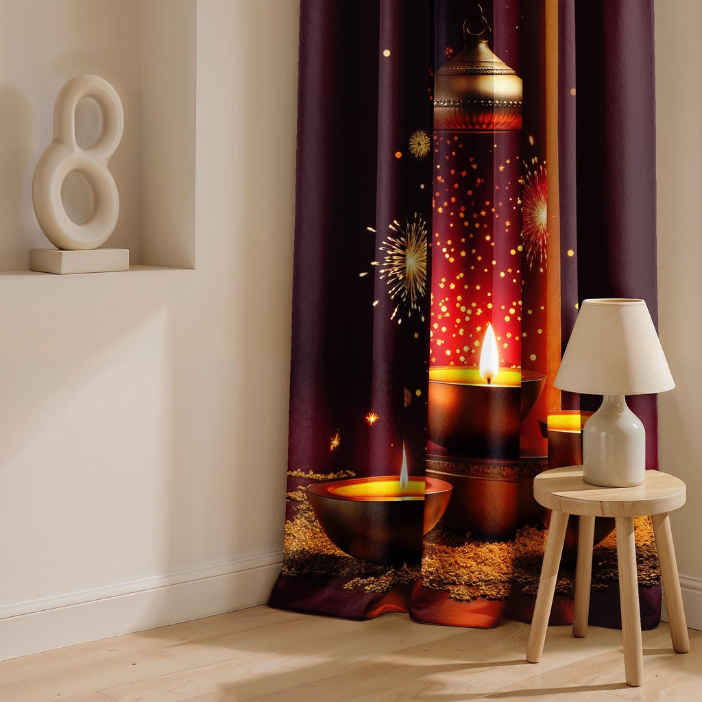 Ultimate Trends Festival Themed Light Filtering Polyester Curtain Diya, Lantern, Lotus & Fireworks Print | Ideal for Diwali, Pooja Room, Living Room Dcor | Eyelets| Pack of 2