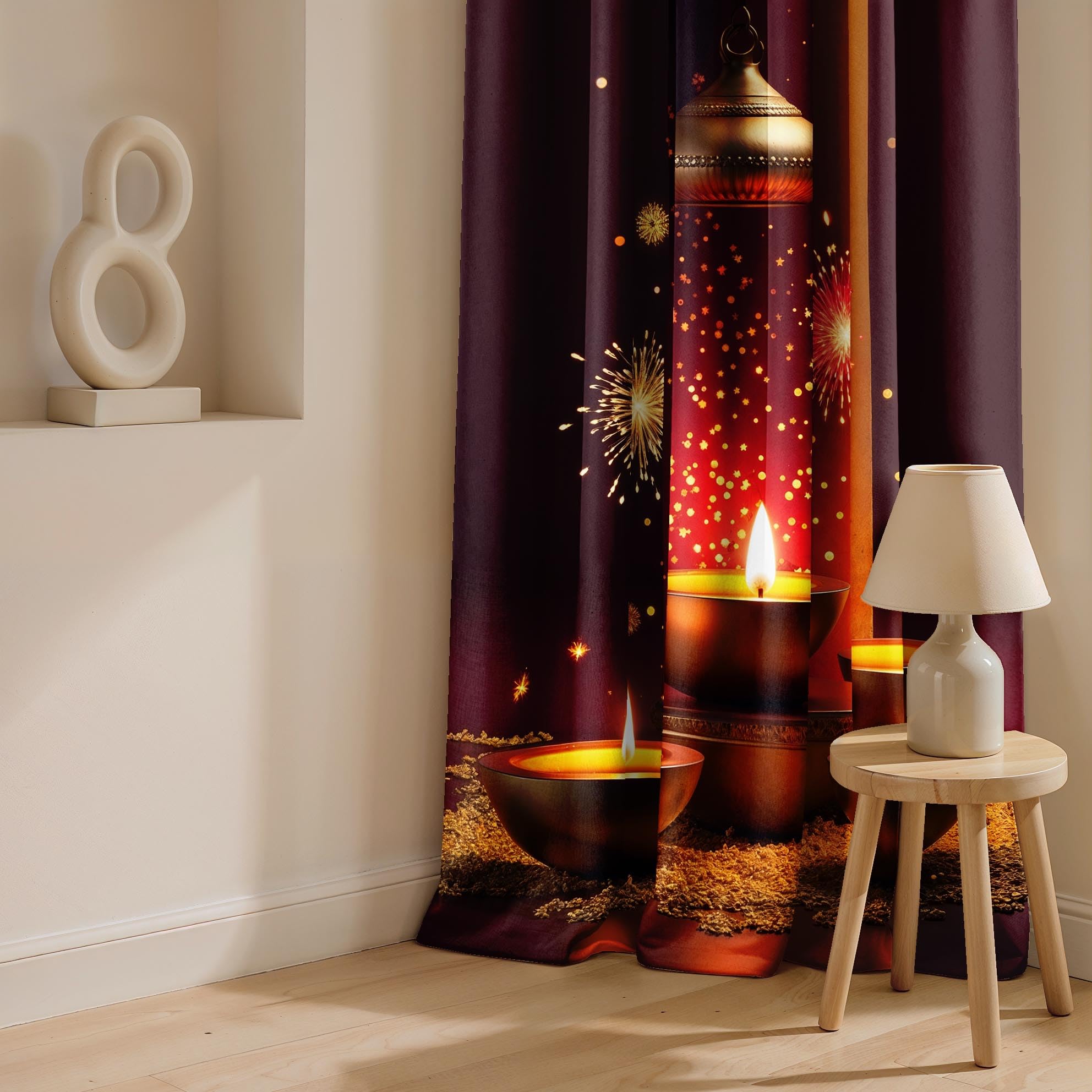 Ultimate Trends Festival Themed Light Filtering Polyester Curtain Diya, Lantern, Lotus & Fireworks Print | Ideal for Diwali, Pooja Room, Living Room Dcor | Eyelets| Pack of 2