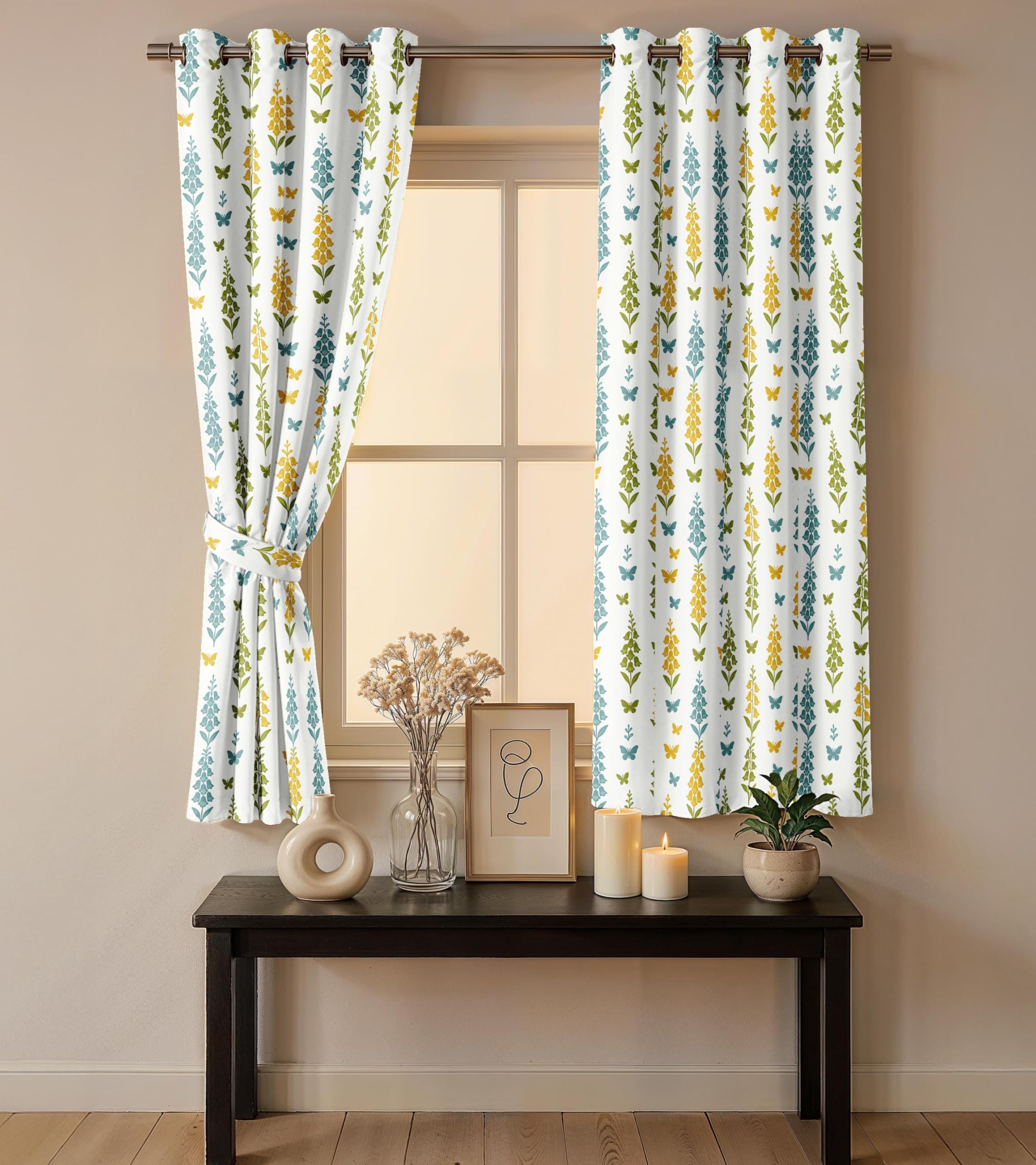 Ultimate Trends Room Darkening Digital Printed Floral Geomatrical Prints Curtain ,Diamond Eyelets, Tie Back, Floral Geomatrical,Pack Of 2