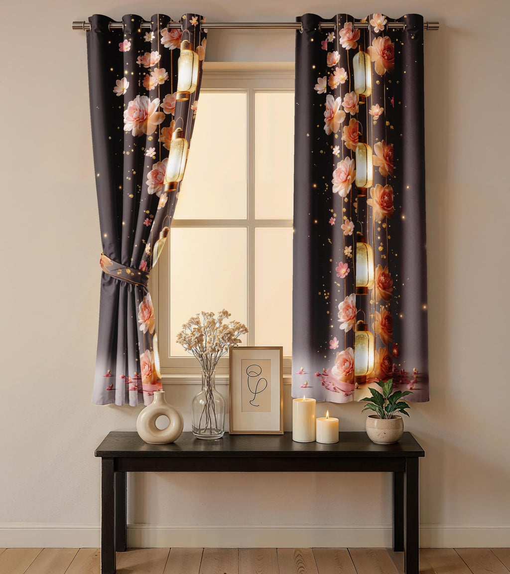 Ultimate Trends Festival Themed Light Filtering Polyester Curtain Diya, Lantern, Lotus & Fireworks Print | Ideal for Diwali, Pooja Room, Living Room Dcor | Eyelets| Pack of 2