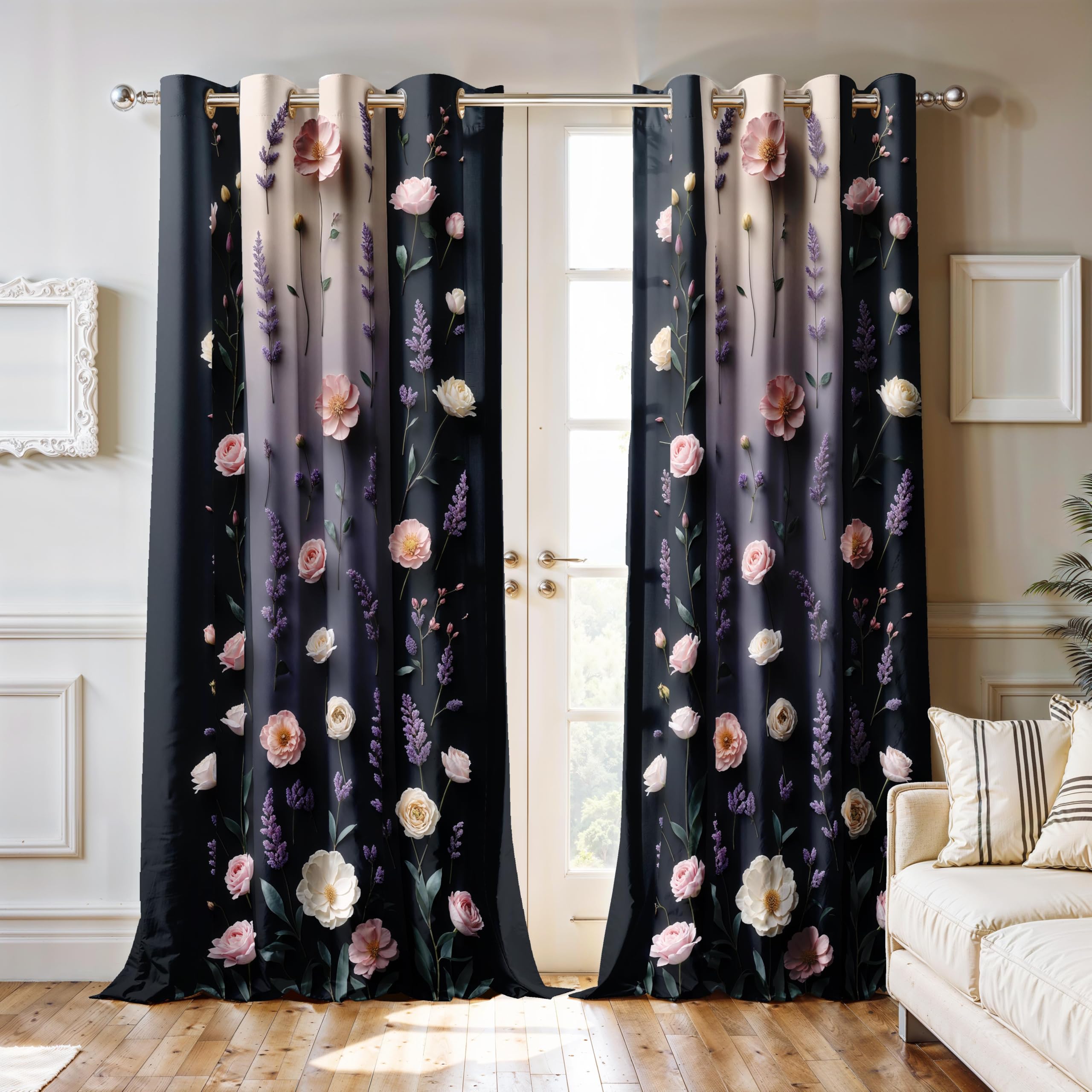Ultimate Trends Room Darkening Digital Printed 3D Prints Curtain 65-70% Opacity ,Diamond Eyelets, Tie Back, Floral Decorated , Pack Of 2