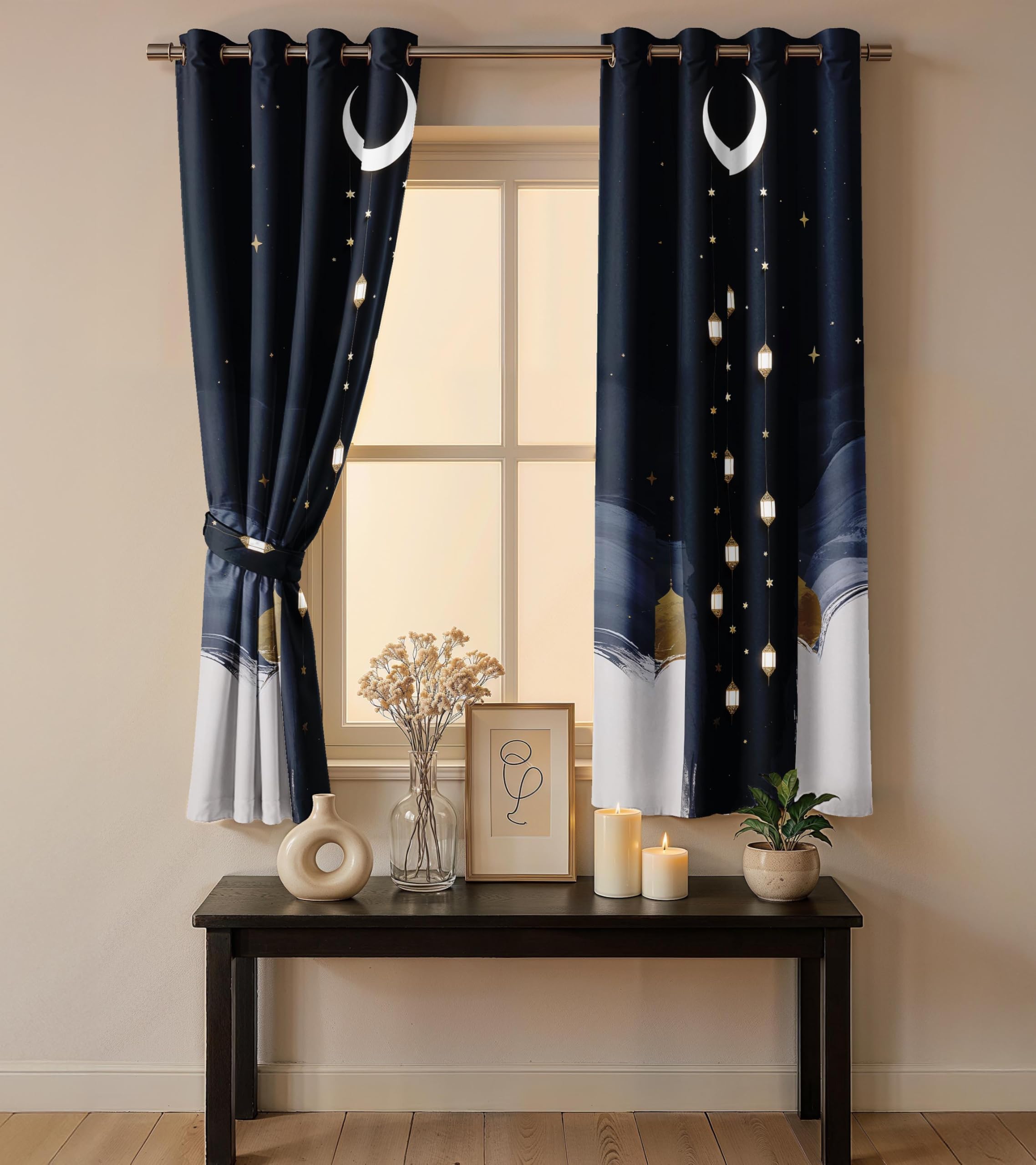 Ultimate Trends Festival Themed Light Filtering Polyester Curtain Diya, Lantern, Lotus & Fireworks Print | Ideal for Diwali, Pooja Room, Living Room Dcor | Eyelets| Pack of 2