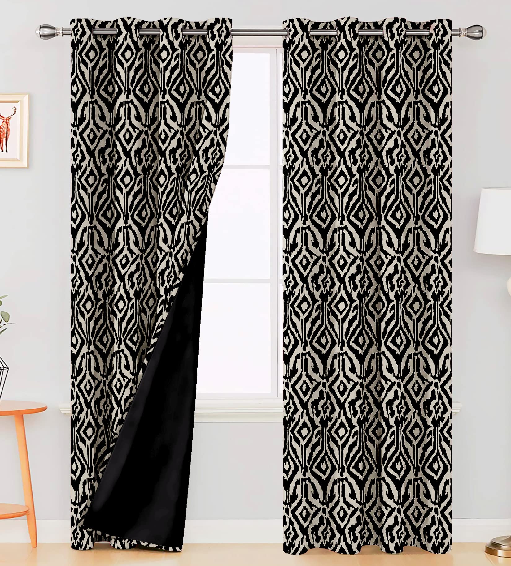 Digital Printed Blackout Curtains ,Diamonds Eyelets Tie Back For Window Room Doors , Heavy Quality Fabric Set Of 2
