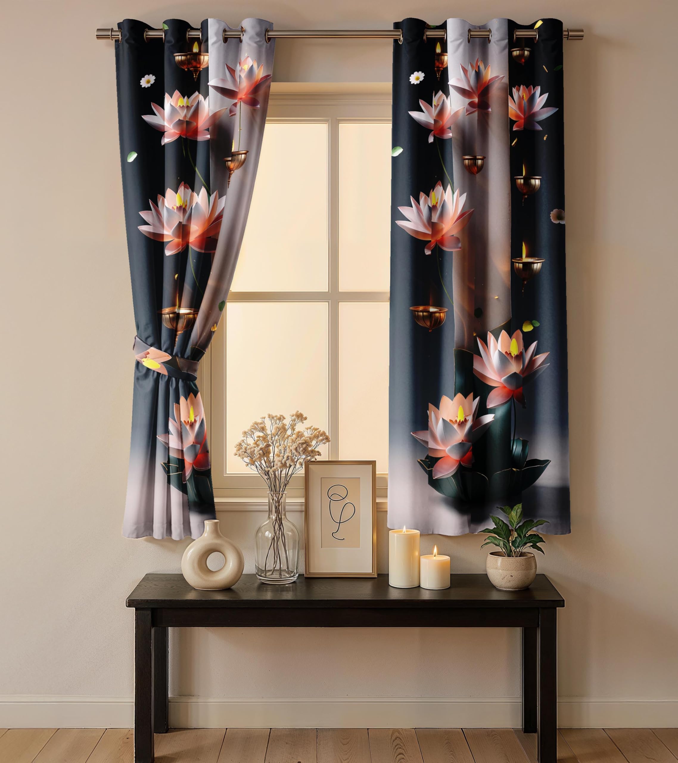 Ultimate Trends Festival Themed Light Filtering Polyester Curtain Diya, Lantern, Lotus & Fireworks Print | Ideal for Diwali, Pooja Room, Living Room Dcor | Eyelets| Pack of 2