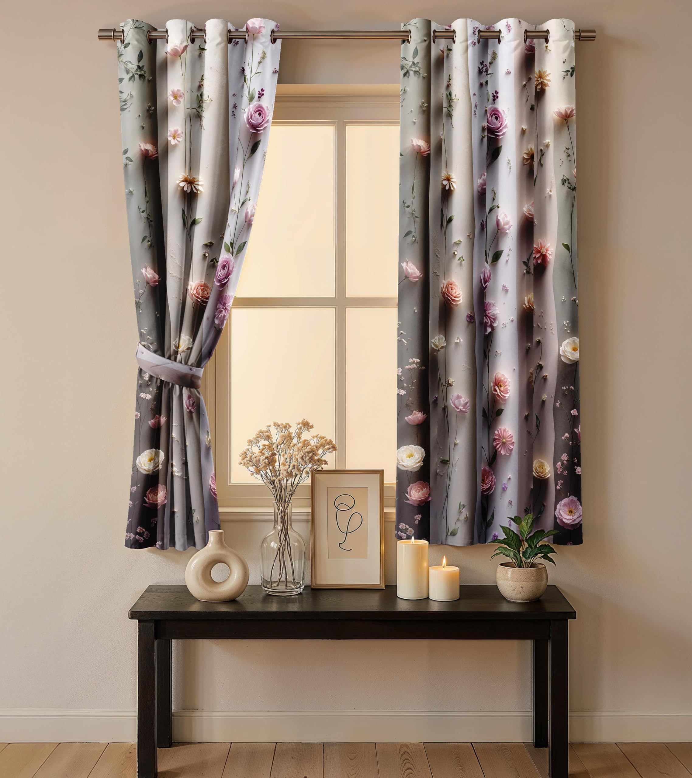 Ultimate Trends Room Darkening Digital Printed 3D Prints Curtain 65-70% Opacity ,Diamond Eyelets, Tie Back, Floral Decorated , Pack Of 2