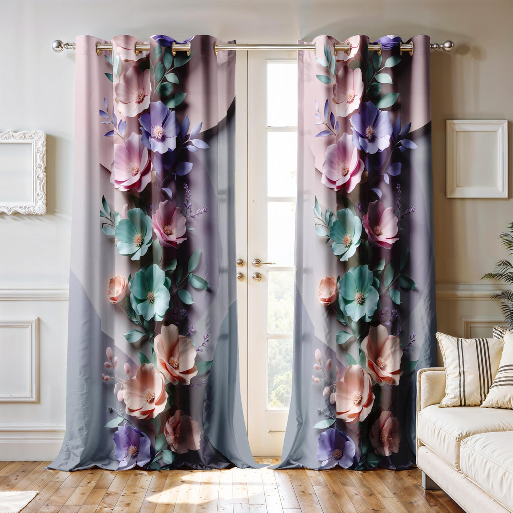 Ultimate Trends Room Darkening Digital Printed 3D Prints Curtain 65-70% Opacity ,Diamond Eyelets, Tie Back, Floral Decorated , Pack Of 2