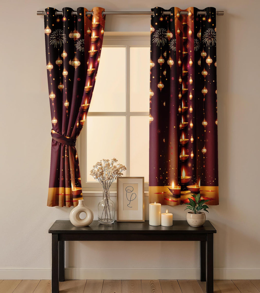 Ultimate Trends Festival Themed Light Filtering Polyester Curtain Diya, Lantern, Lotus & Fireworks Print | Ideal for Diwali, Pooja Room, Living Room Dcor | Eyelets| Pack of 2