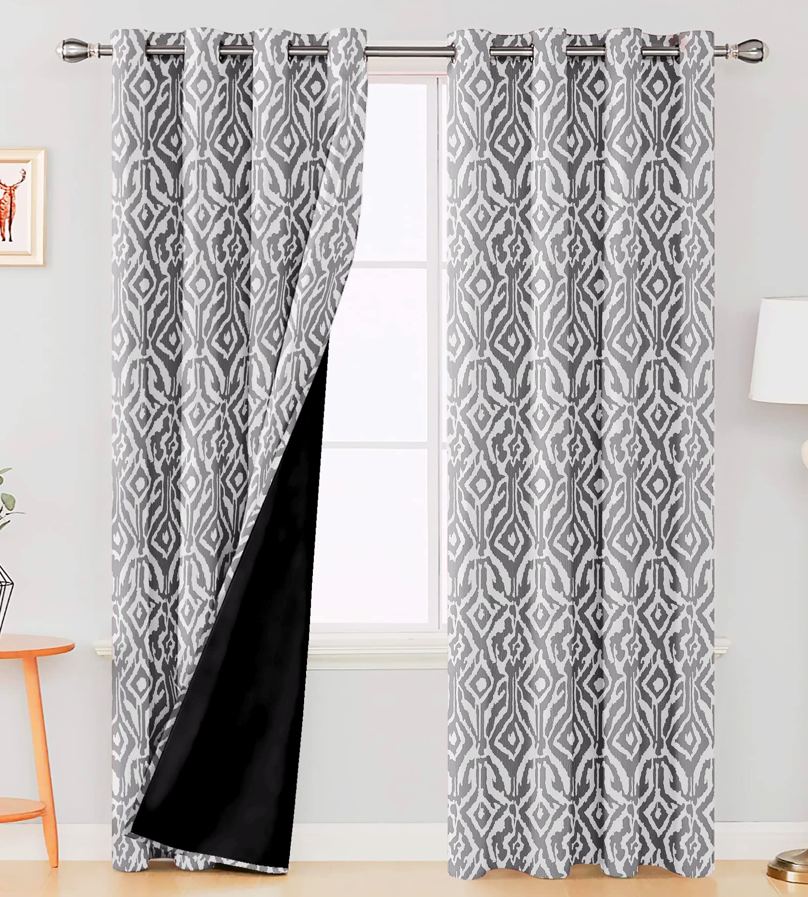 Digital Printed Blackout Curtains ,Diamonds Eyelets Tie Back For Window Room Doors , Heavy Quality Fabric Set Of 2