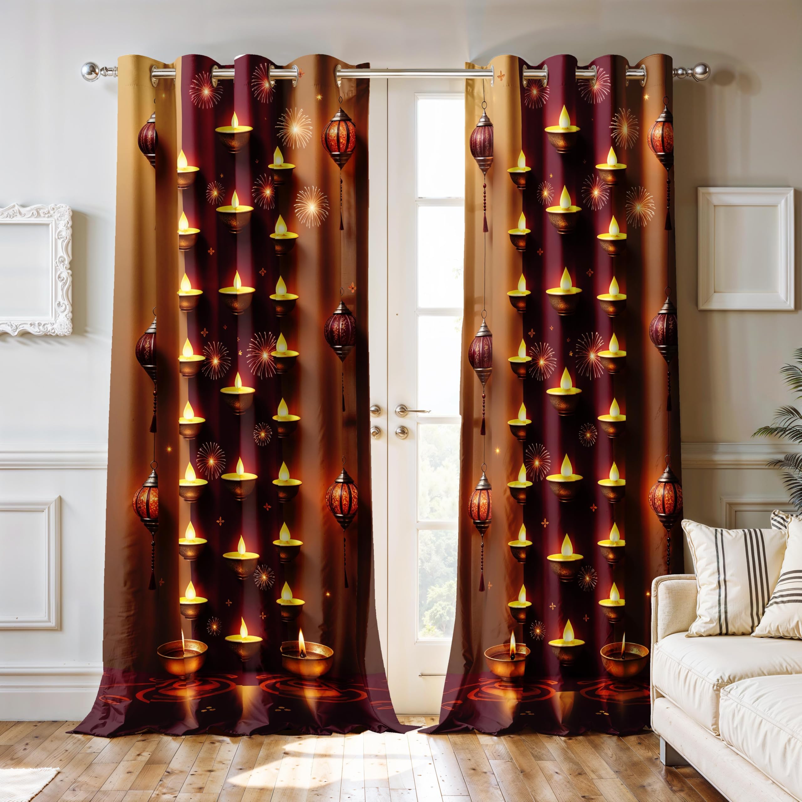 Ultimate Trends Festival Themed Light Filtering Polyester Curtain Diya, Lantern, Lotus & Fireworks Print | Ideal for Diwali, Pooja Room, Living Room Dcor | Eyelets| Pack of 2