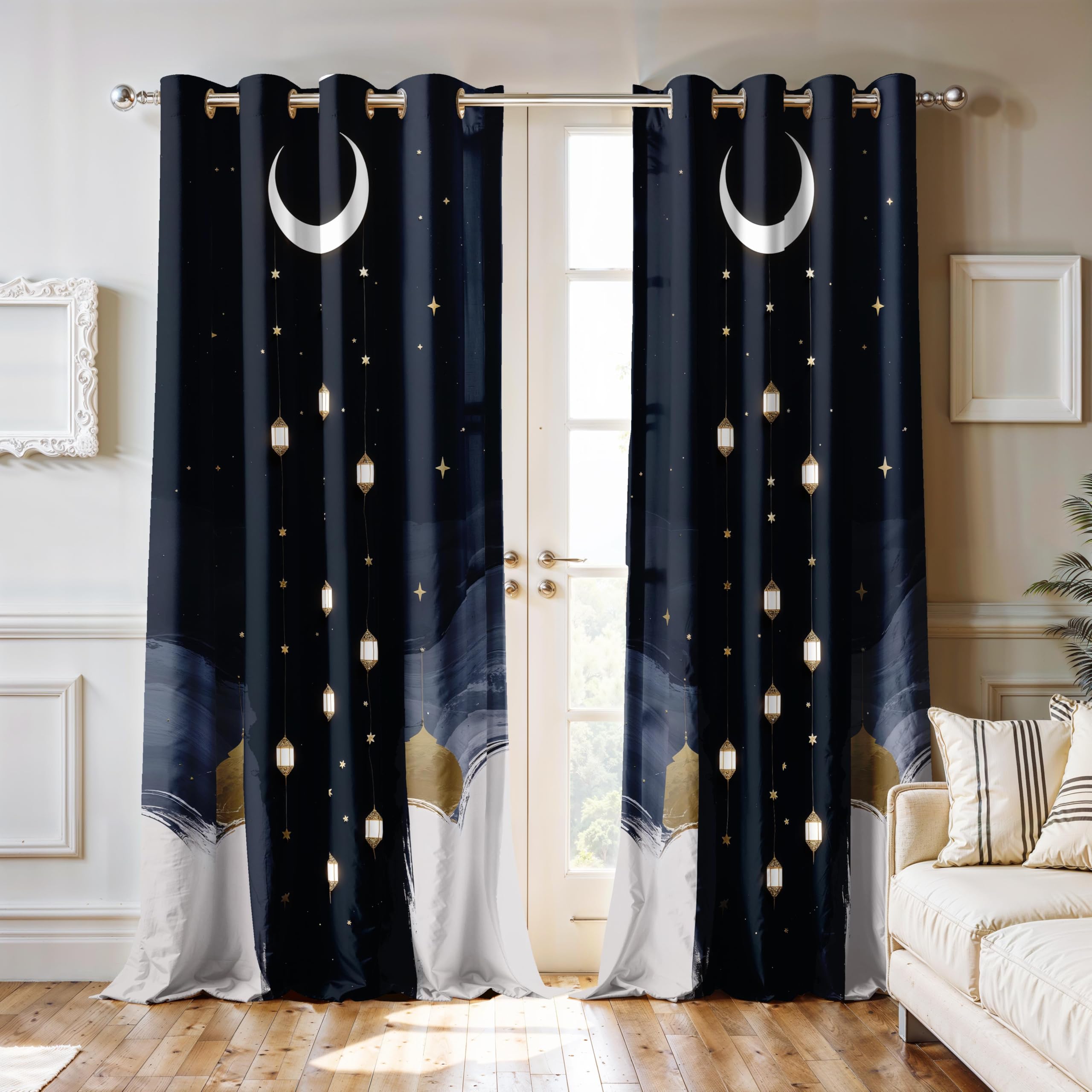 Ultimate Trends Festival Themed Light Filtering Polyester Curtain Diya, Lantern, Lotus & Fireworks Print | Ideal for Diwali, Pooja Room, Living Room Dcor | Eyelets| Pack of 2