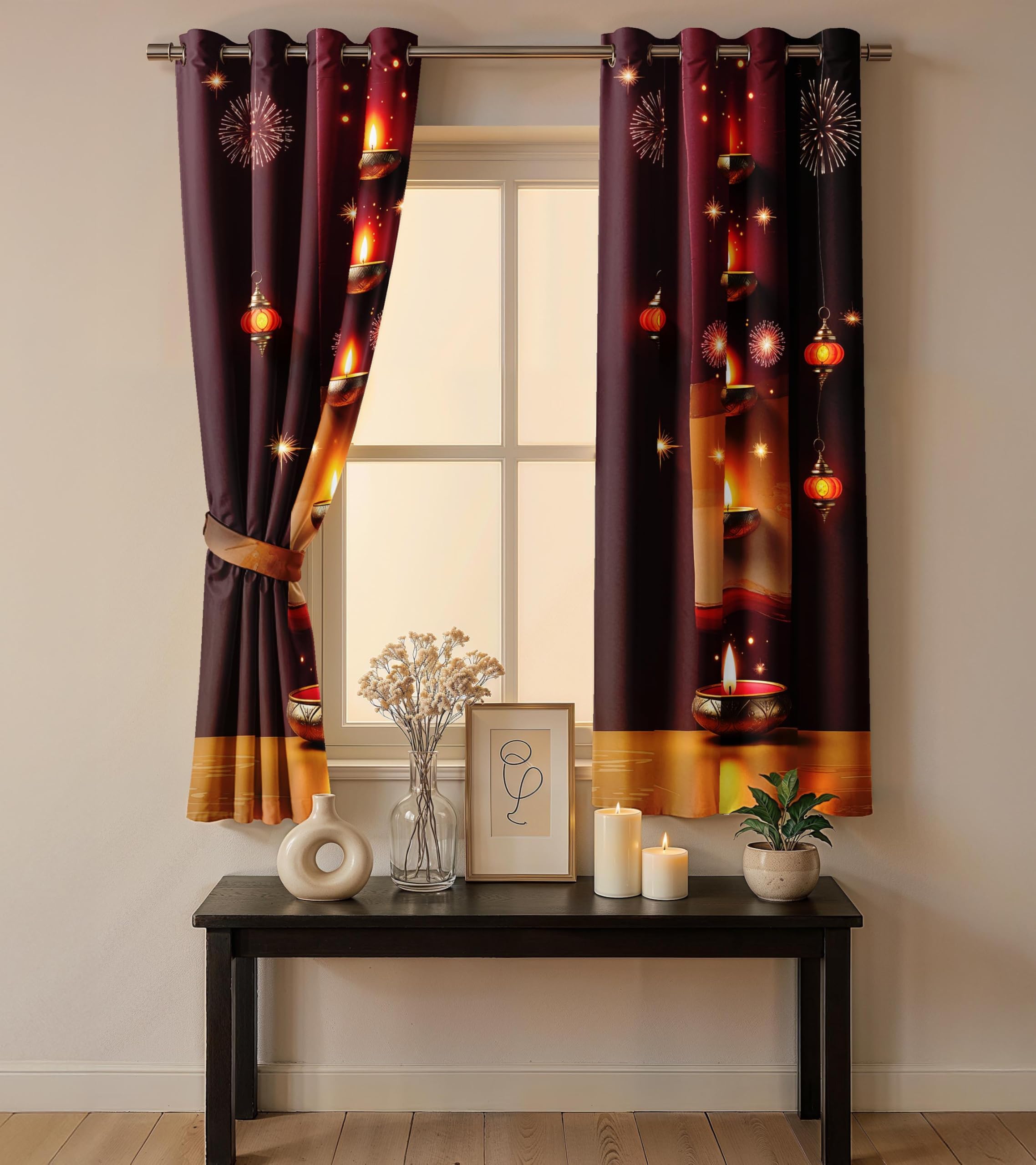 Ultimate Trends Festival Themed Light Filtering Polyester Curtain Diya, Lantern, Lotus & Fireworks Print | Ideal for Diwali, Pooja Room, Living Room Dcor | Eyelets| Pack of 2