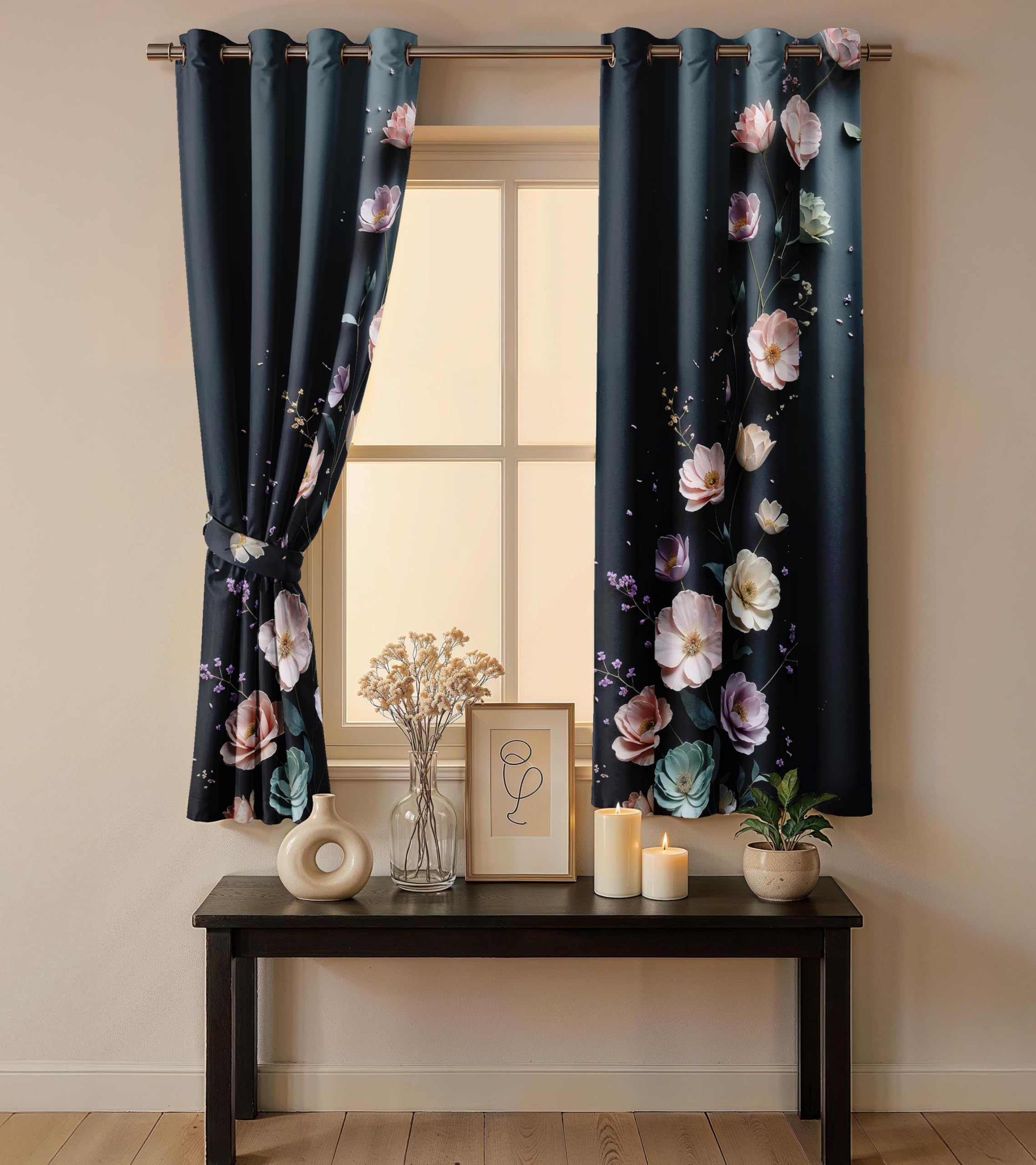 Ultimate Trends Room Darkening Digital Printed 3D Prints Curtain 65-70% Opacity ,Diamond Eyelets, Tie Back, Floral Decorated , Pack Of 2