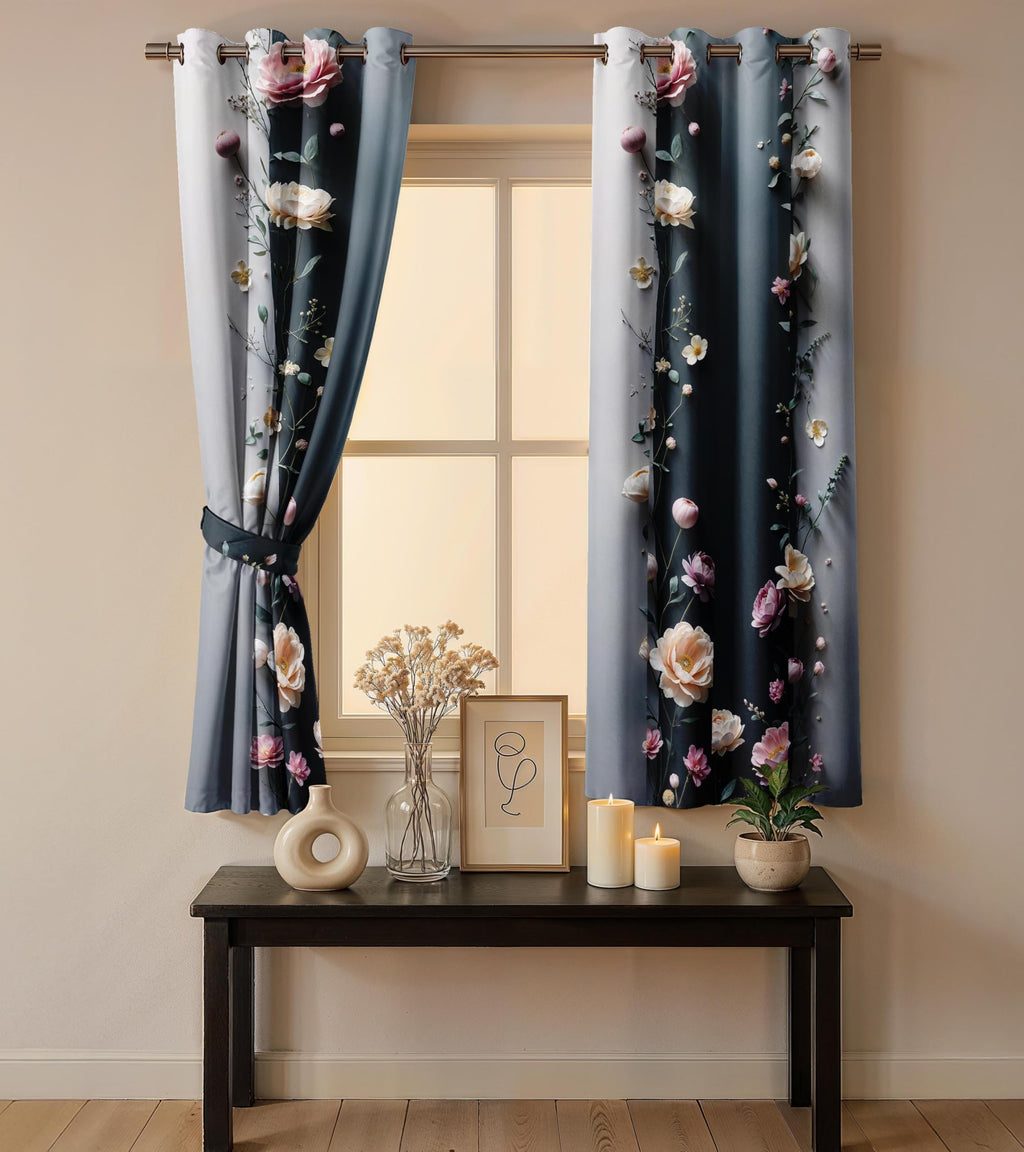 Ultimate Trends Room Darkening Digital Printed 3D Prints Curtain 65-70% Opacity ,Diamond Eyelets, Tie Back, Floral Decorated , Pack Of 2