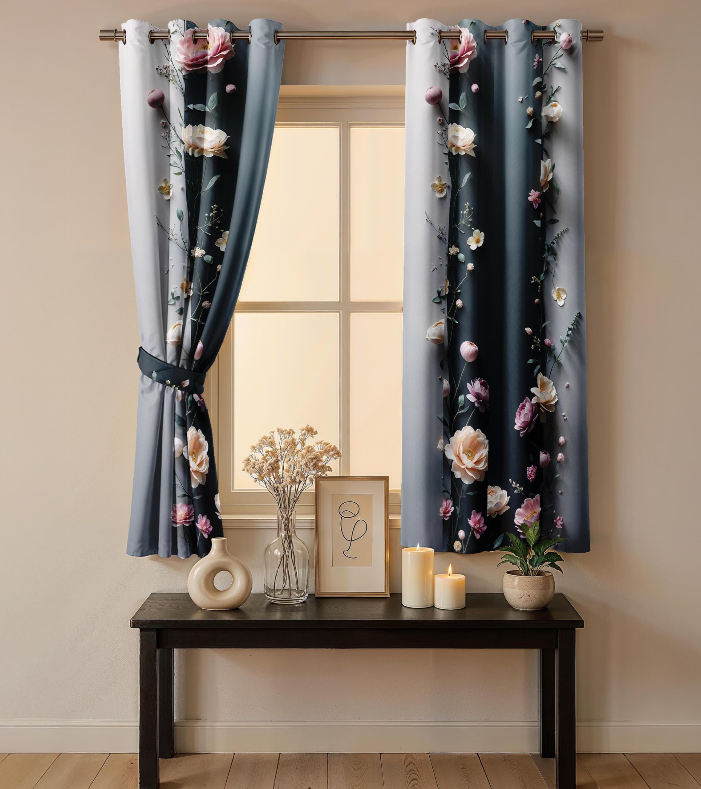 Ultimate Trends Room Darkening Digital Printed 3D Prints Curtain 65-70% Opacity ,Diamond Eyelets, Tie Back, Floral Decorated , Pack Of 2