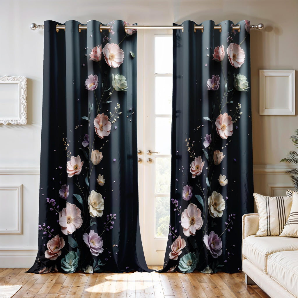 Ultimate Trends Room Darkening Digital Printed 3D Prints Curtain 65-70% Opacity ,Diamond Eyelets, Tie Back, Floral Decorated , Pack Of 2