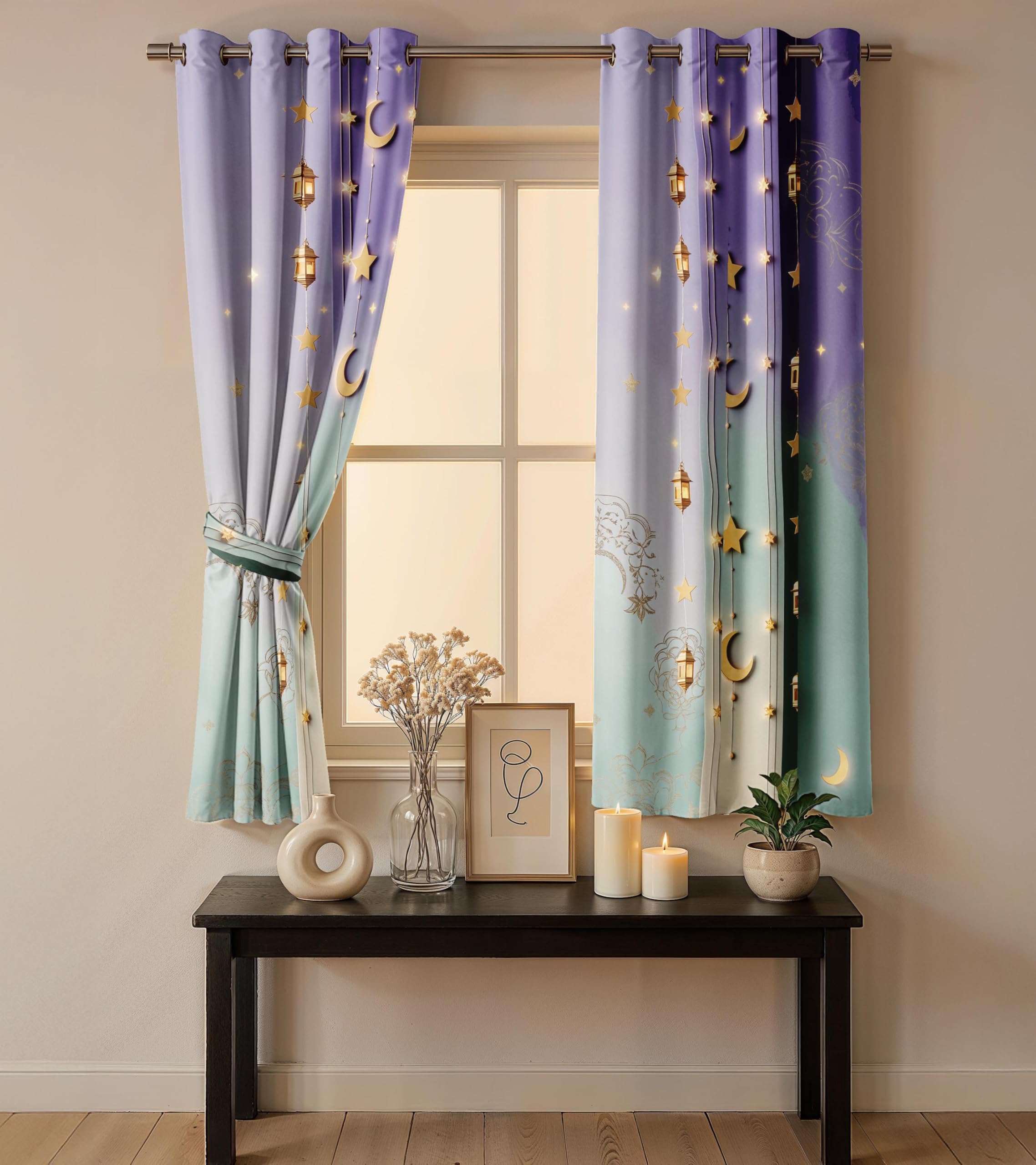 Ultimate Trends Room Darkening Digital Printed 3D Prints Curtain 65-70% Opacity ,Diamond Eyelets, Tie Back, Floral Decorated , Pack Of 2
