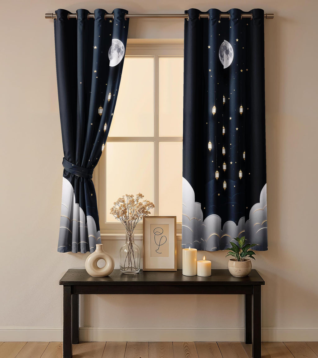 Ultimate Trends Festival Themed Light Filtering Polyester Curtain Diya, Lantern, Lotus & Fireworks Print | Ideal for Diwali, Pooja Room, Living Room Dcor | Eyelets| Pack of 2