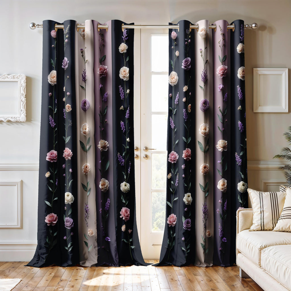Ultimate Trends Room Darkening Digital Printed 3D Prints Curtain 65-70% Opacity ,Diamond Eyelets, Tie Back, Floral Decorated , Pack Of 2