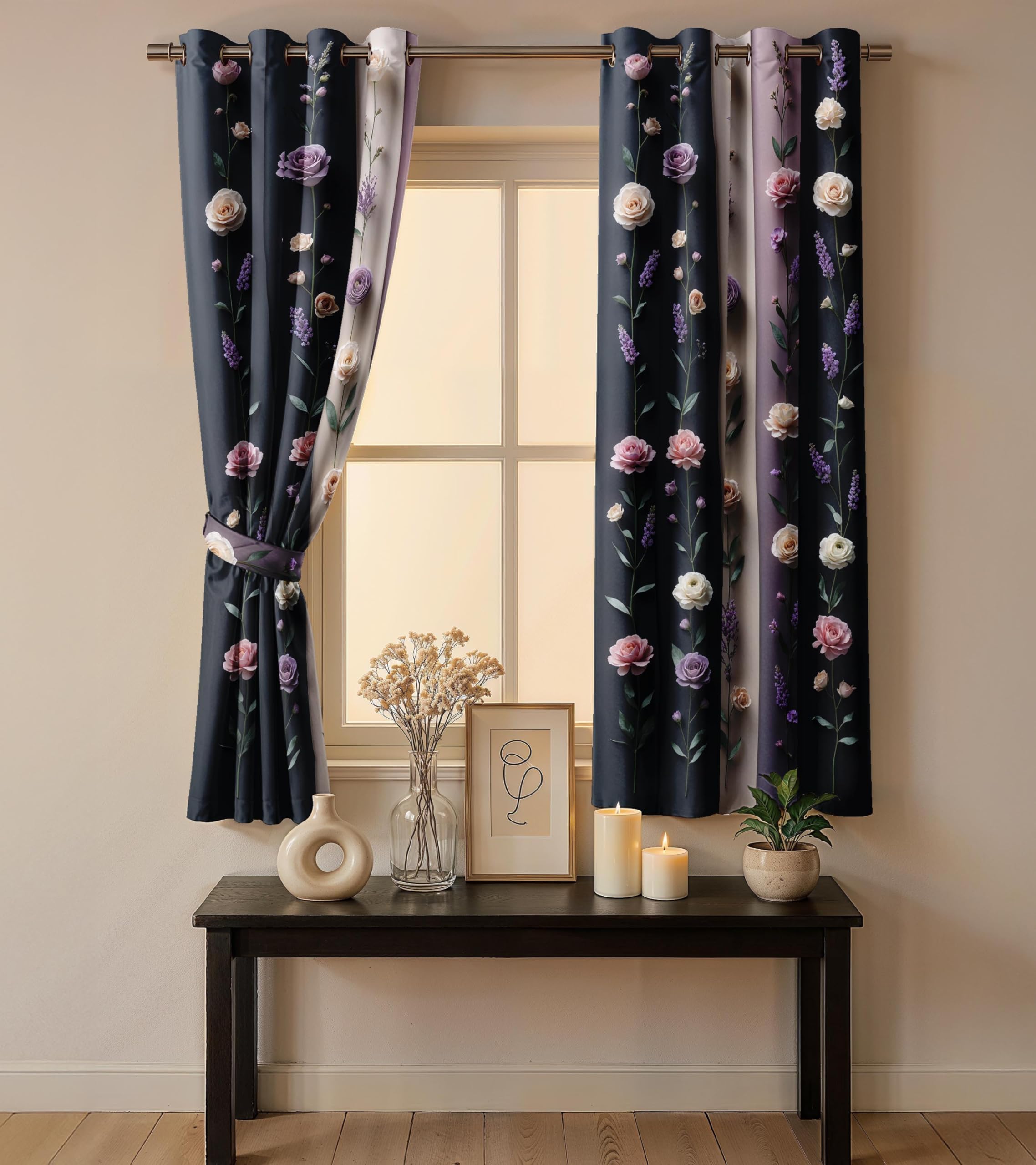 Ultimate Trends Room Darkening Digital Printed 3D Prints Curtain 65-70% Opacity ,Diamond Eyelets, Tie Back, Floral Decorated , Pack Of 2