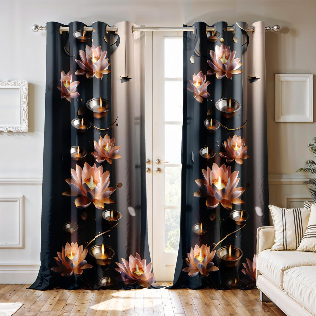 Ultimate Trends Festival Themed Light Filtering Polyester Curtain Diya, Lantern, Lotus & Fireworks Print | Ideal for Diwali, Pooja Room, Living Room Dcor | Eyelets| Pack of 2