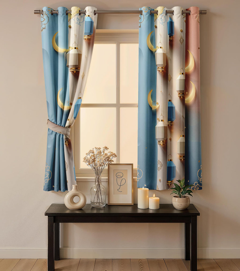 Ultimate Trends Festival Themed Light Filtering Polyester Curtain Diya, Lantern, Lotus & Fireworks Print | Ideal for Diwali, Pooja Room, Living Room Dcor | Eyelets| Pack of 2