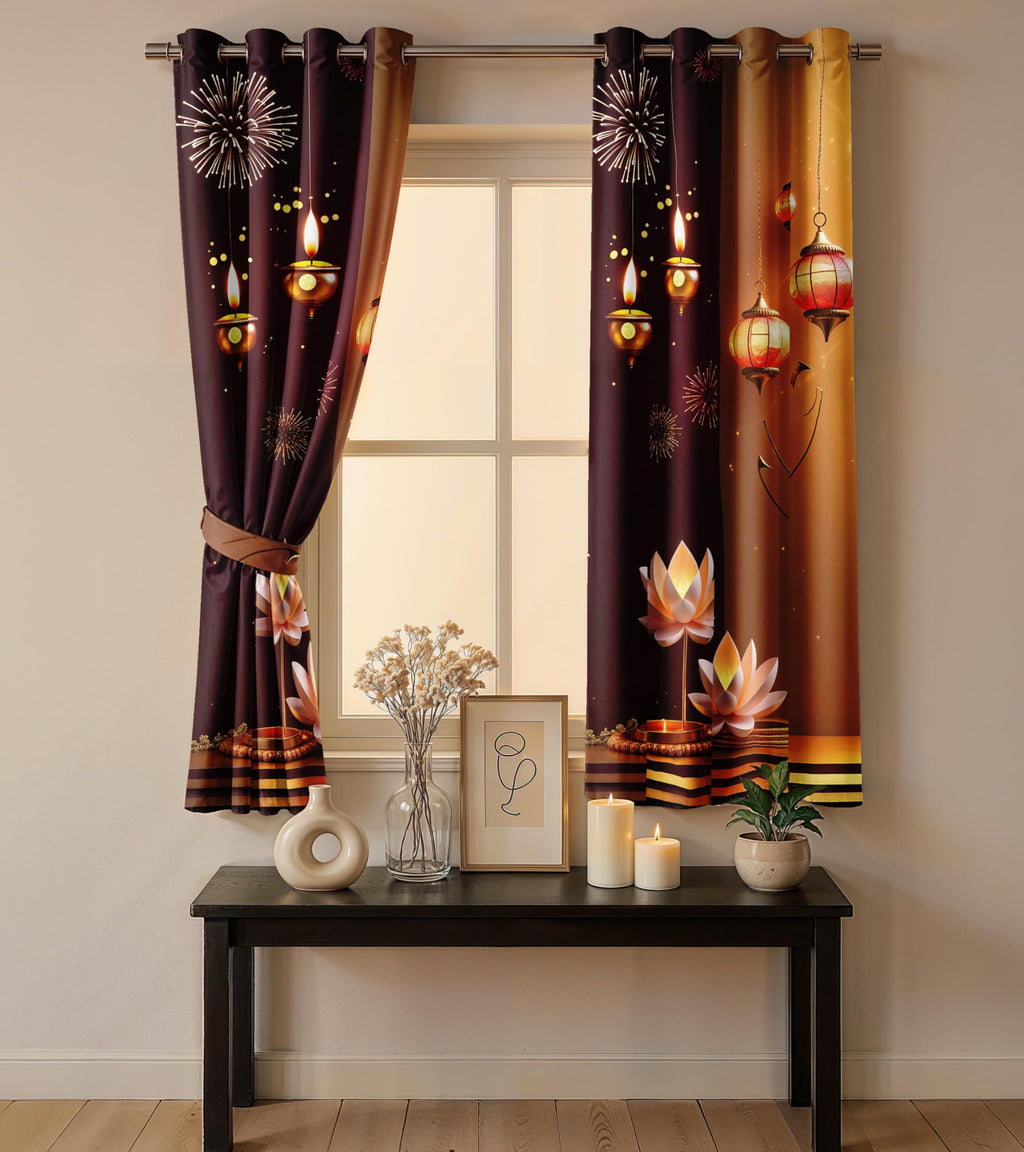 Ultimate Trends Festival Themed Light Filtering Polyester Curtain Diya, Lantern, Lotus & Fireworks Print | Ideal for Diwali, Pooja Room, Living Room Dcor | Eyelets| Pack of 2