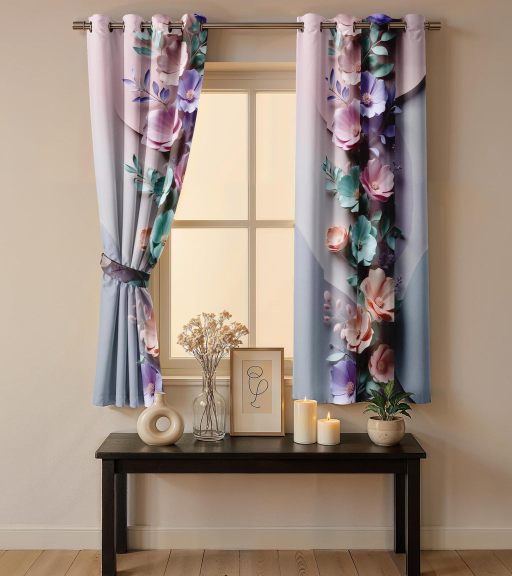 Ultimate Trends Room Darkening Digital Printed 3D Prints Curtain 65-70% Opacity ,Diamond Eyelets, Tie Back, Floral Decorated , Pack Of 2