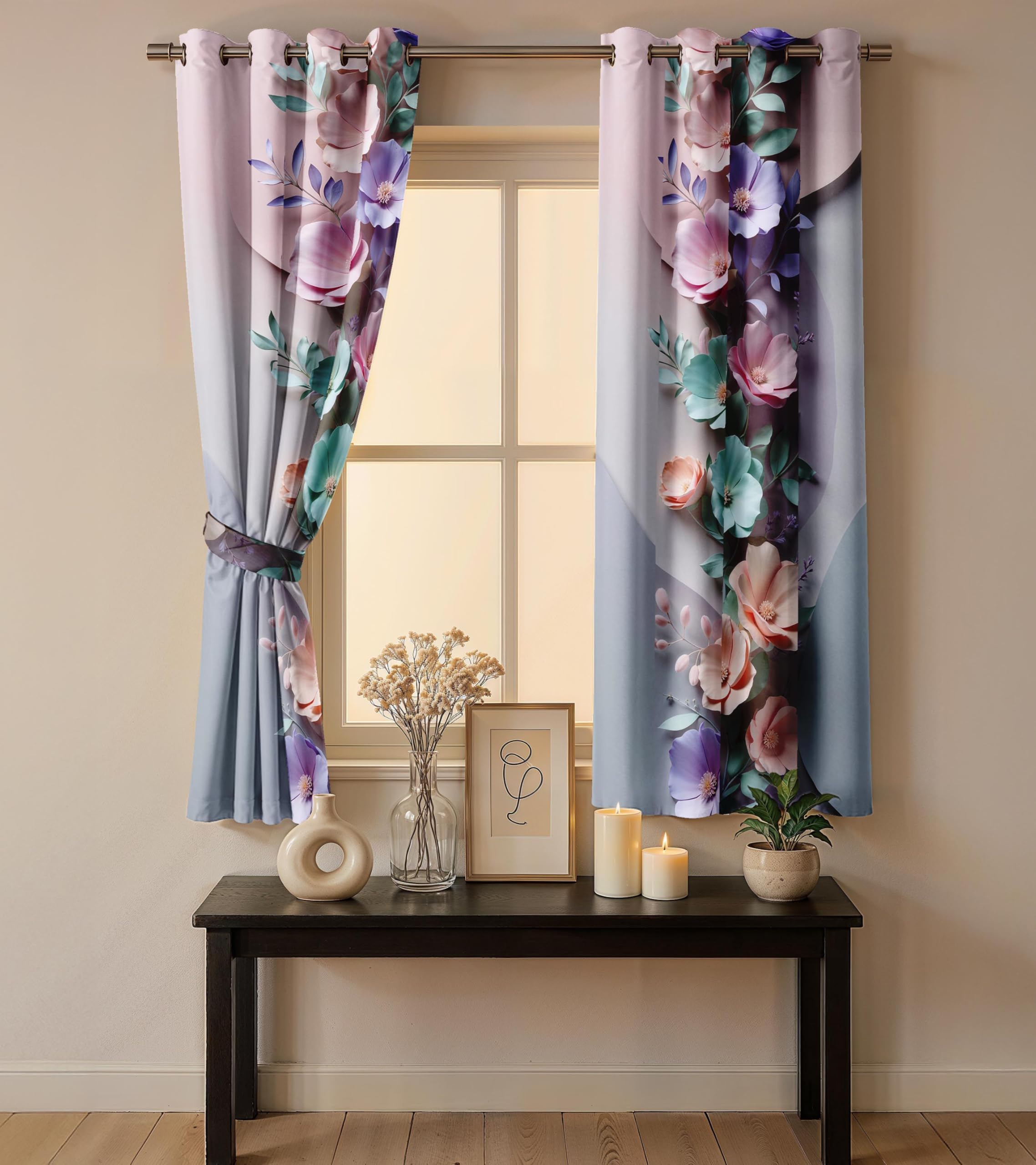 Ultimate Trends Room Darkening Digital Printed 3D Prints Curtain 65-70% Opacity ,Diamond Eyelets, Tie Back, Floral Decorated , Pack Of 2