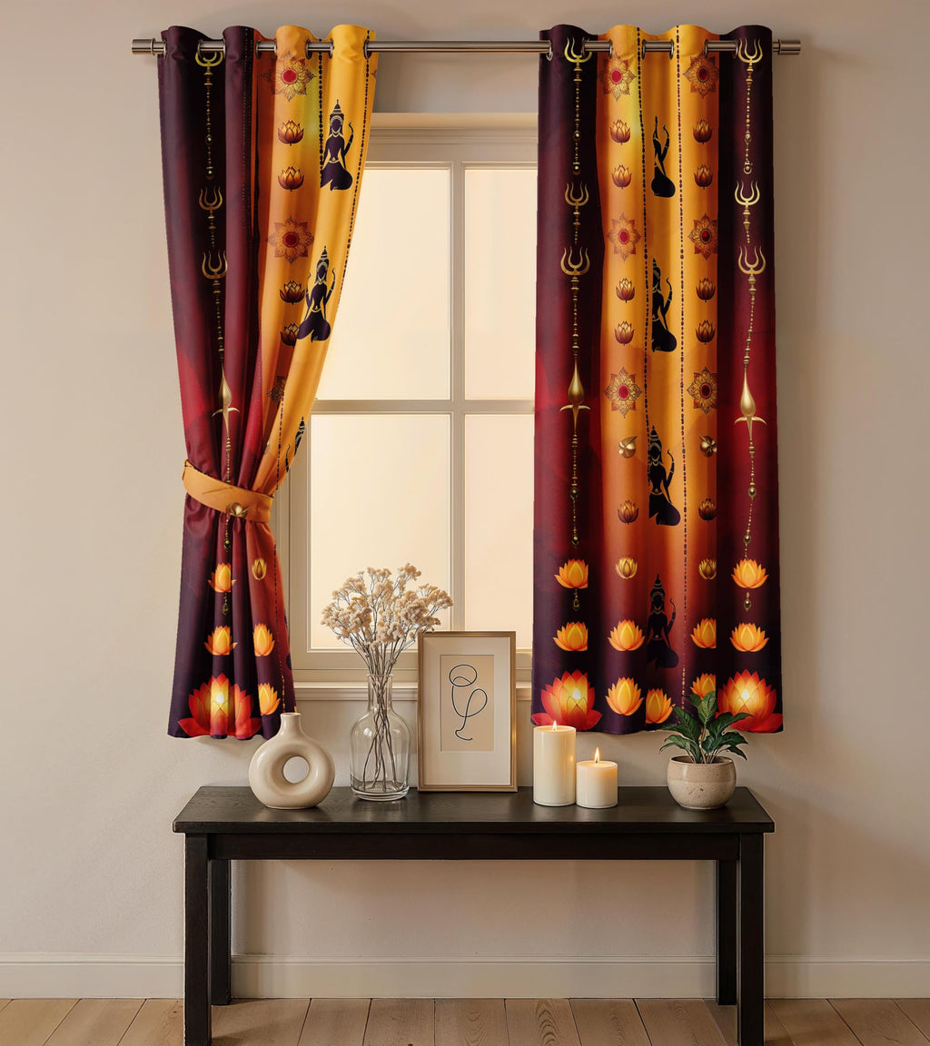 Ultimate Trends Festival Themed Light Filtering Polyester Curtain Diya, Lantern, Lotus & Fireworks Print | Ideal for Diwali, Pooja Room, Living Room Dcor | Eyelets| Pack of 2